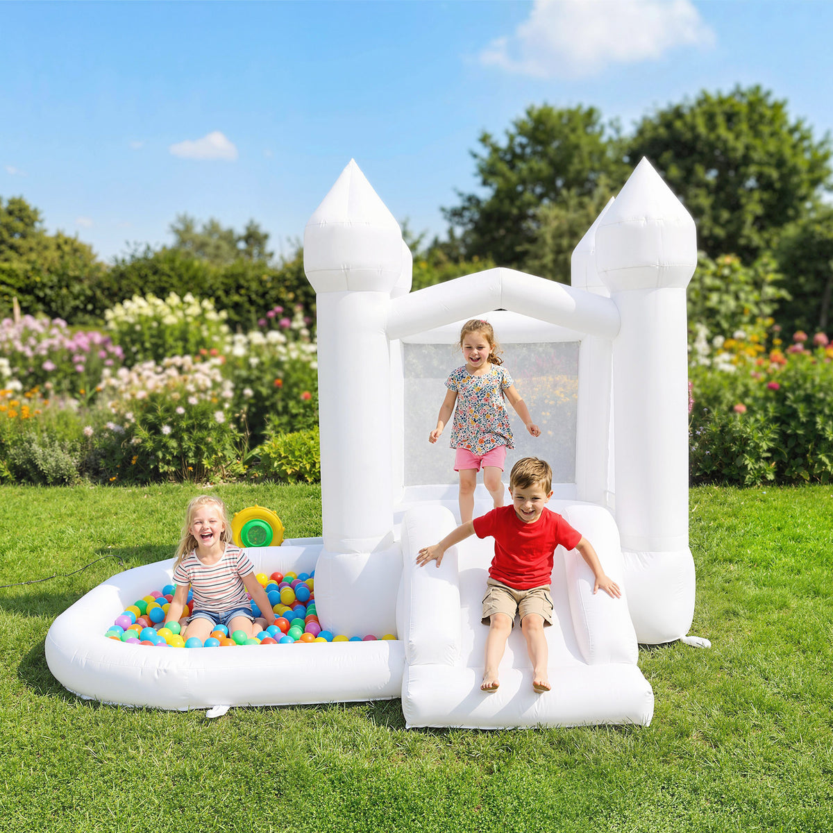 Inflatable Bouncy Castle for Kids, 3-in-1 White Bounce House with Slide, Ball Pit and 370W Blower, White-Toys & Games > Kids Outdoor Play > Inflatables-DECOROLALA