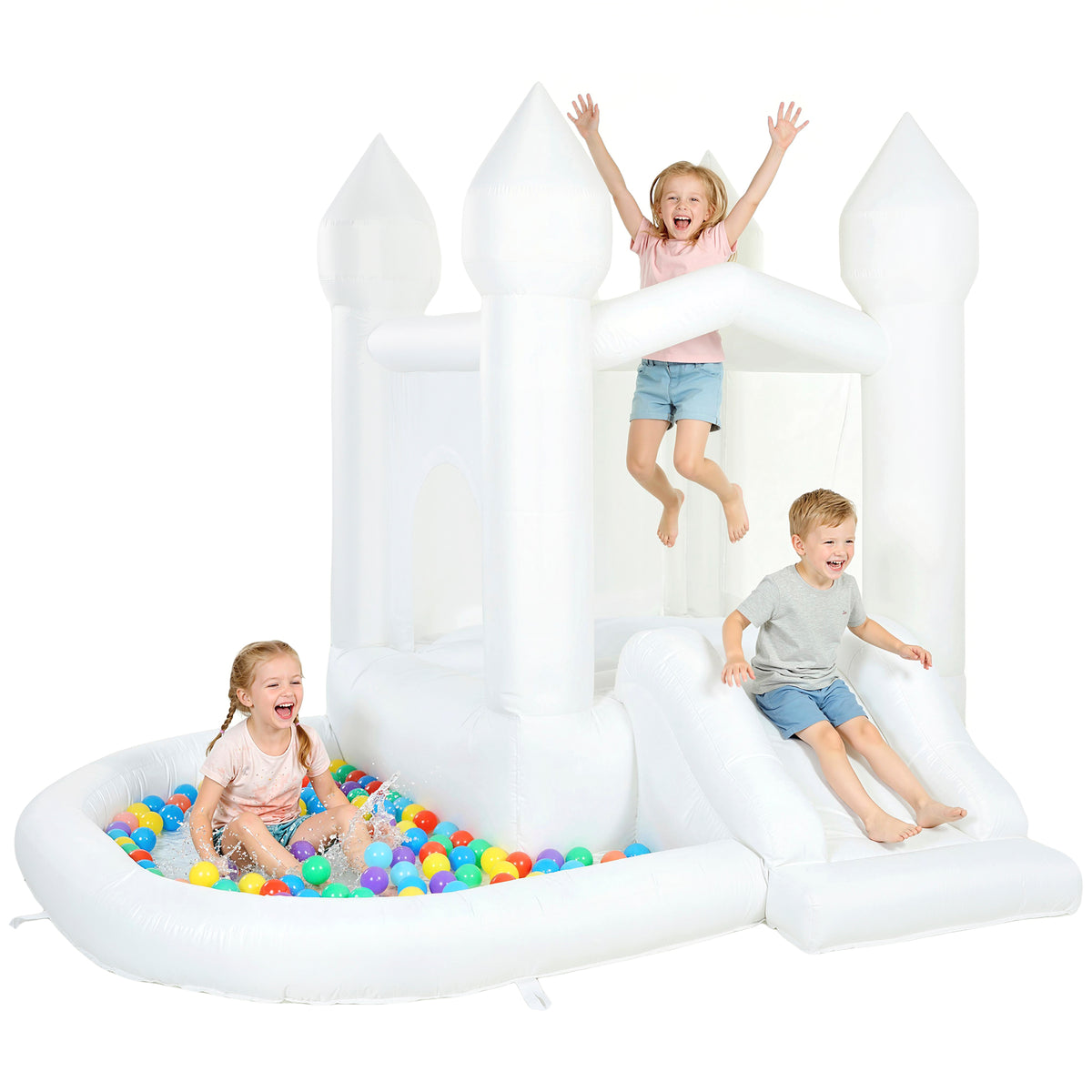 Inflatable Bouncy Castle for Kids, 3-in-1 White Bounce House with Slide, Ball Pit and 370W Blower, White-Toys & Games > Kids Outdoor Play > Inflatables-DECOROLALA