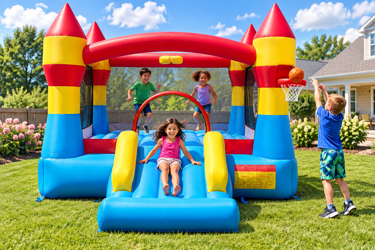3-in-1 Inflatable Bounce House with Slide and Basketball Hoop-Inflatable Bounce Houses-DECOROLALA