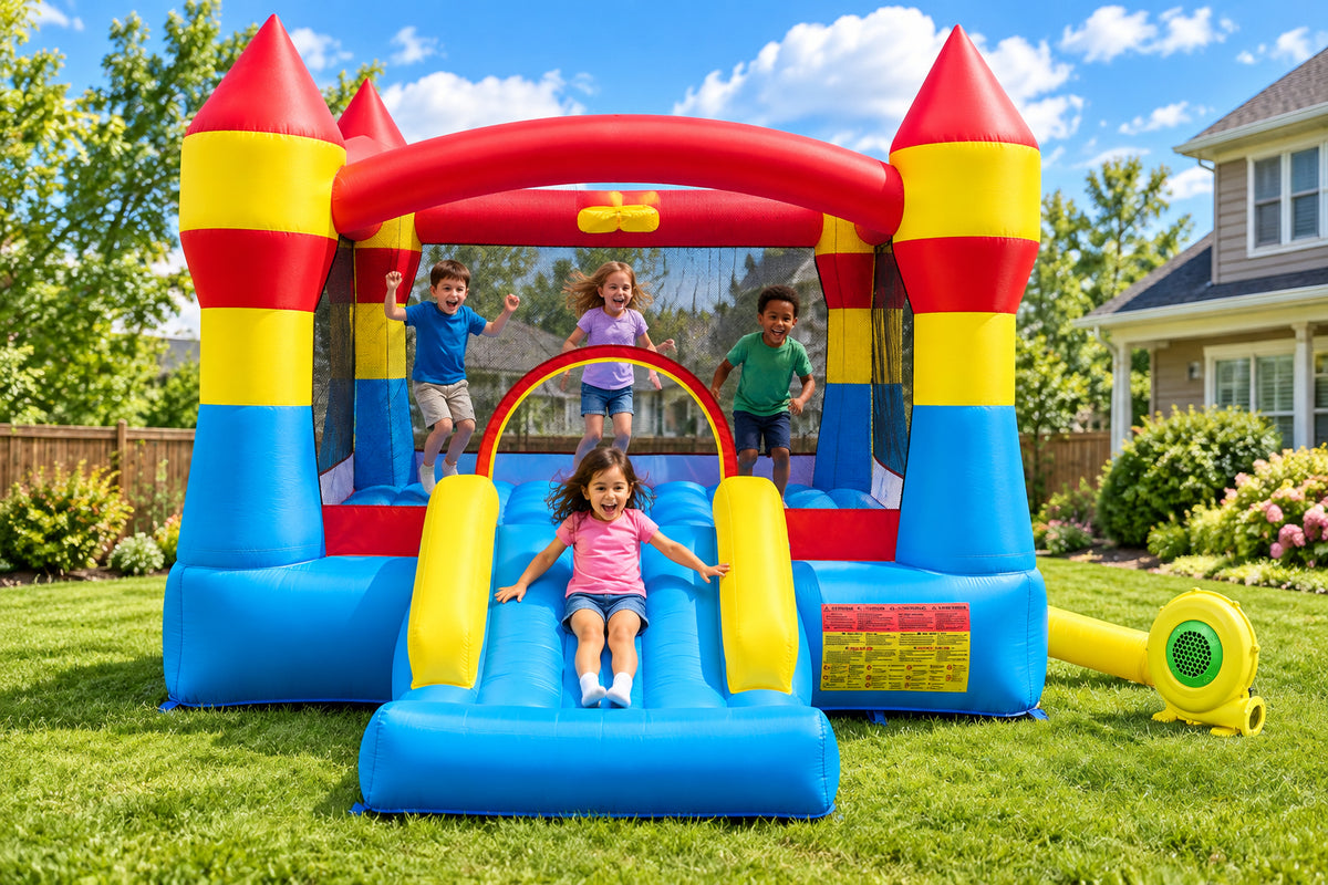 3-in-1 Inflatable Bounce House with Slide and Blower - Multicolor-Inflatable Bounce Houses-DECOROLALA