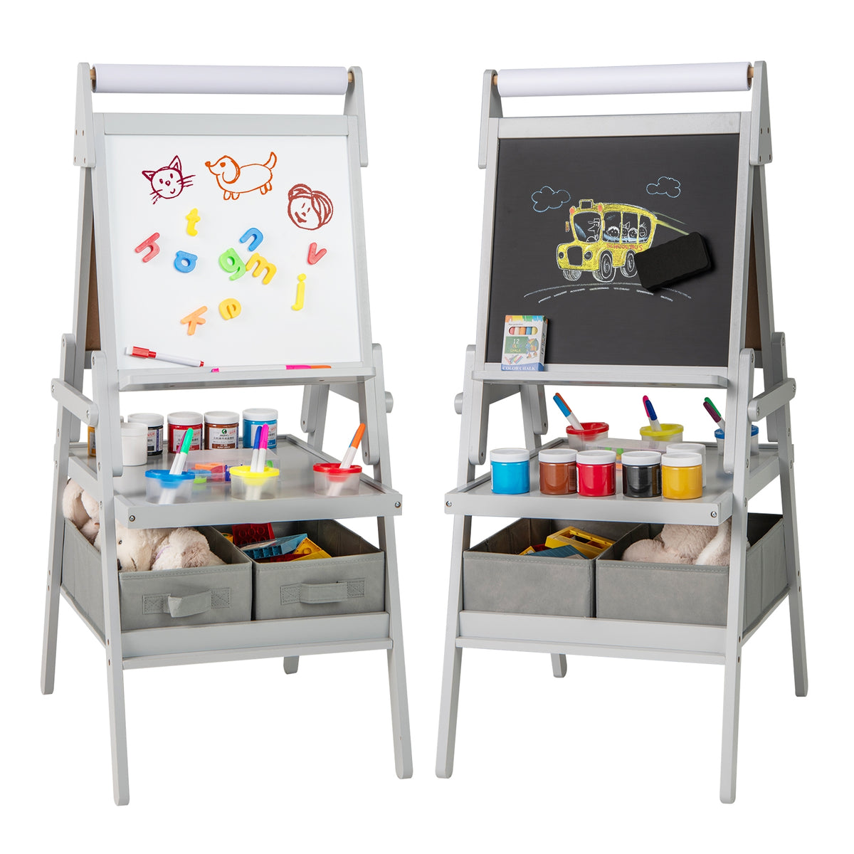 3-in-1 Kids Art Easel with Magnetic Whiteboard, Chalkboard & Storage-Art Easels-DECOROLALA