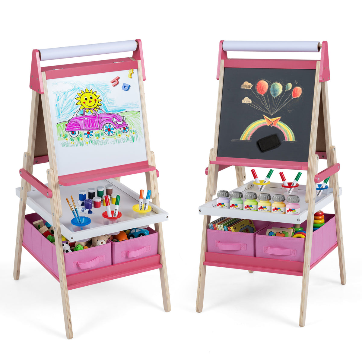 3-in-1 Kids Art Easel with Magnetic Whiteboard, Chalkboard & Storage-Art Easels-DECOROLALA