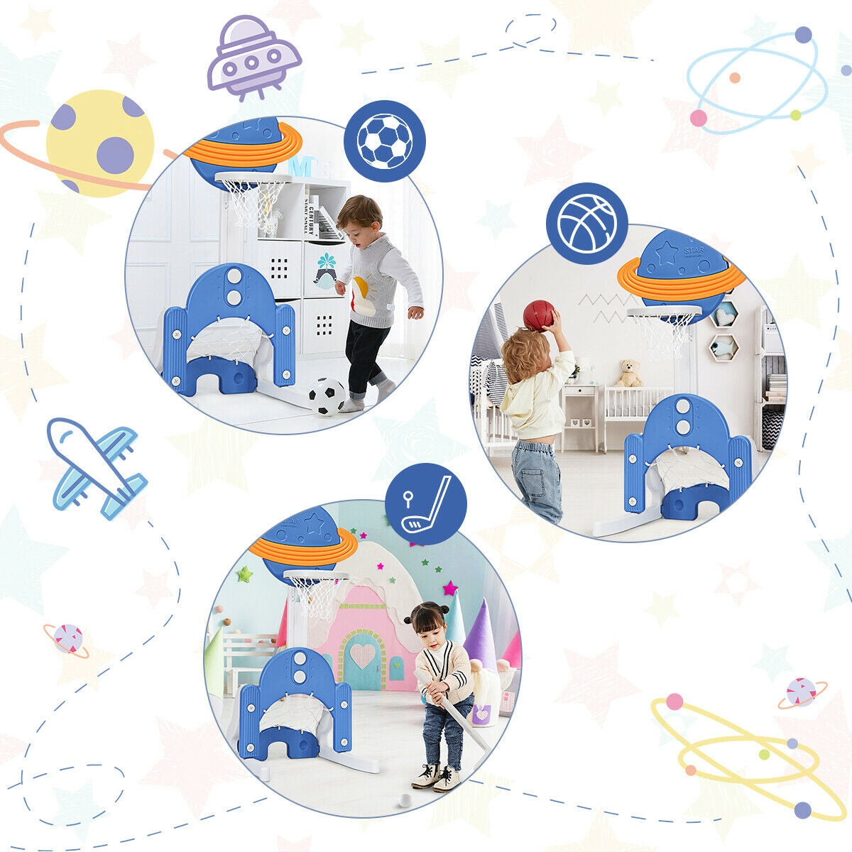 Panier de basket pour enfants 3-en-1 avec ballons