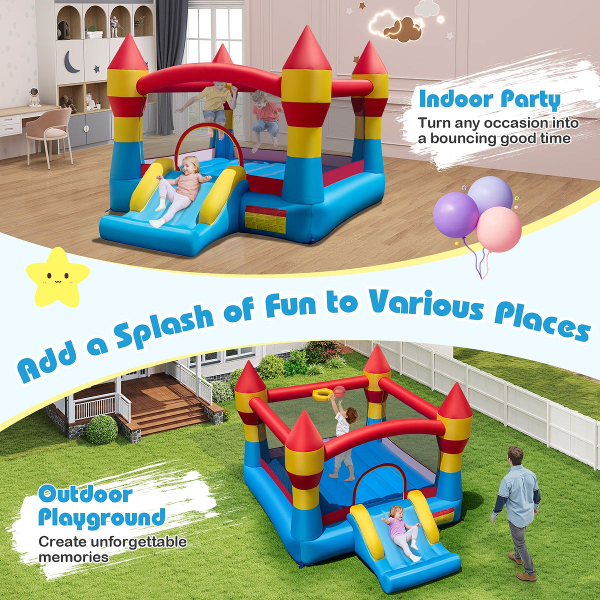 Structure gonflable 3-en-1 pour enfants avec toboggan et soufflerie de 480 W pour le jardin