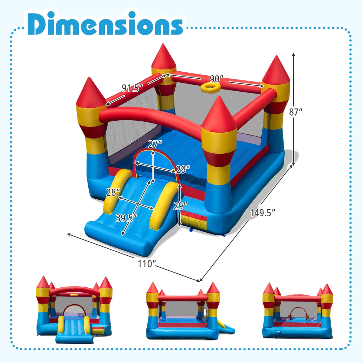 Structure gonflable 3-en-1 pour enfants avec toboggan et soufflerie de 480 W pour le jardin