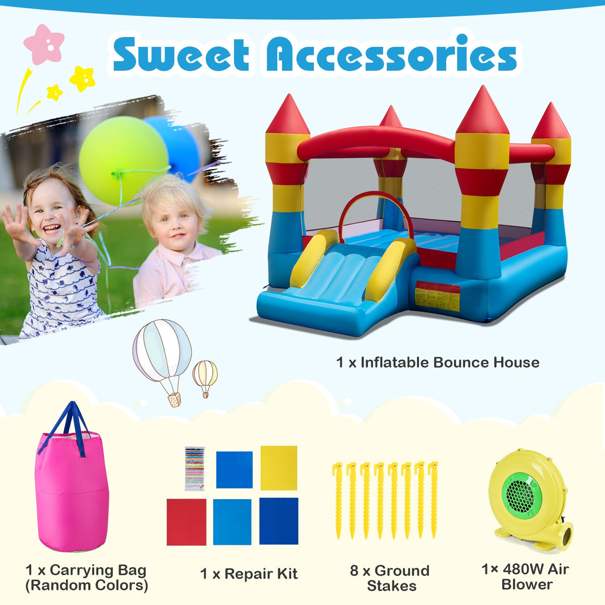 Structure gonflable 3-en-1 pour enfants avec toboggan et soufflerie de 480 W pour le jardin