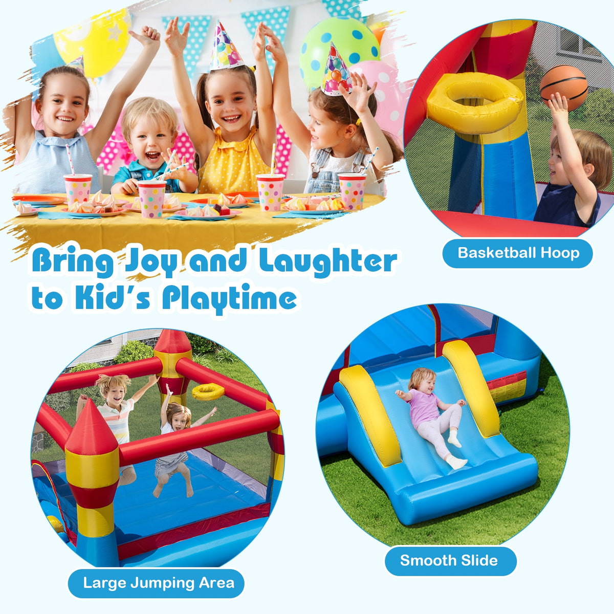 Structure gonflable 3-en-1 pour enfants avec toboggan et soufflerie de 480 W pour le jardin
