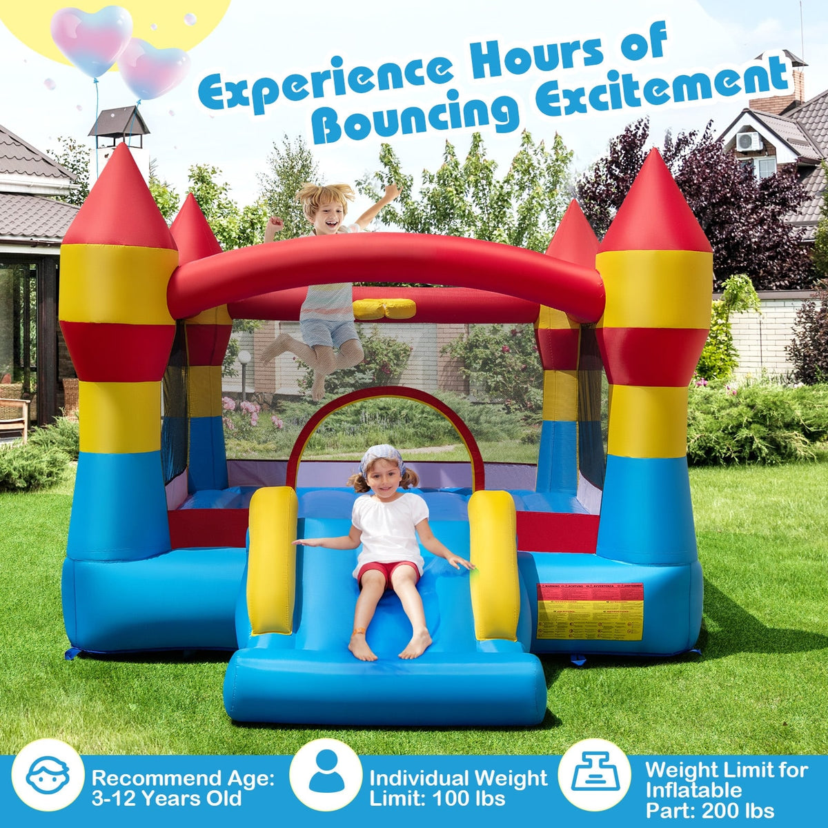 Château gonflable 3-en-1 pour enfants avec toboggan et soufflerie de 520 W pour le jardin