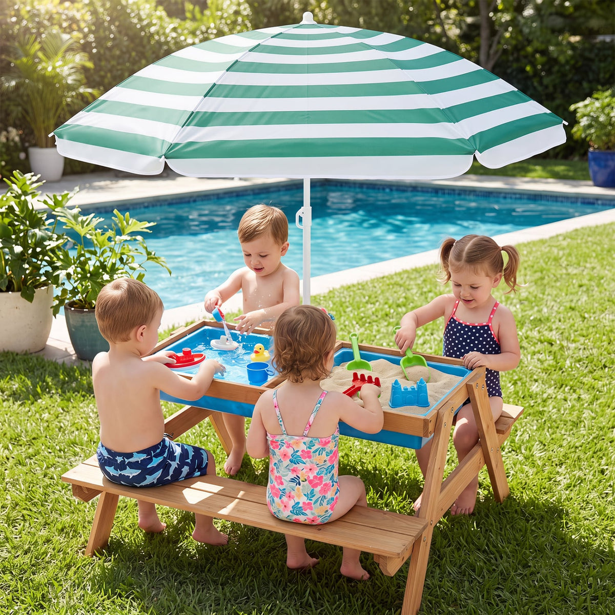 3-in-1 Kids Outdoor Picnic Water Sand Table with Removable Umbrella and Boxes-Green-Kids Tables & Chair Sets-DECOROLALA