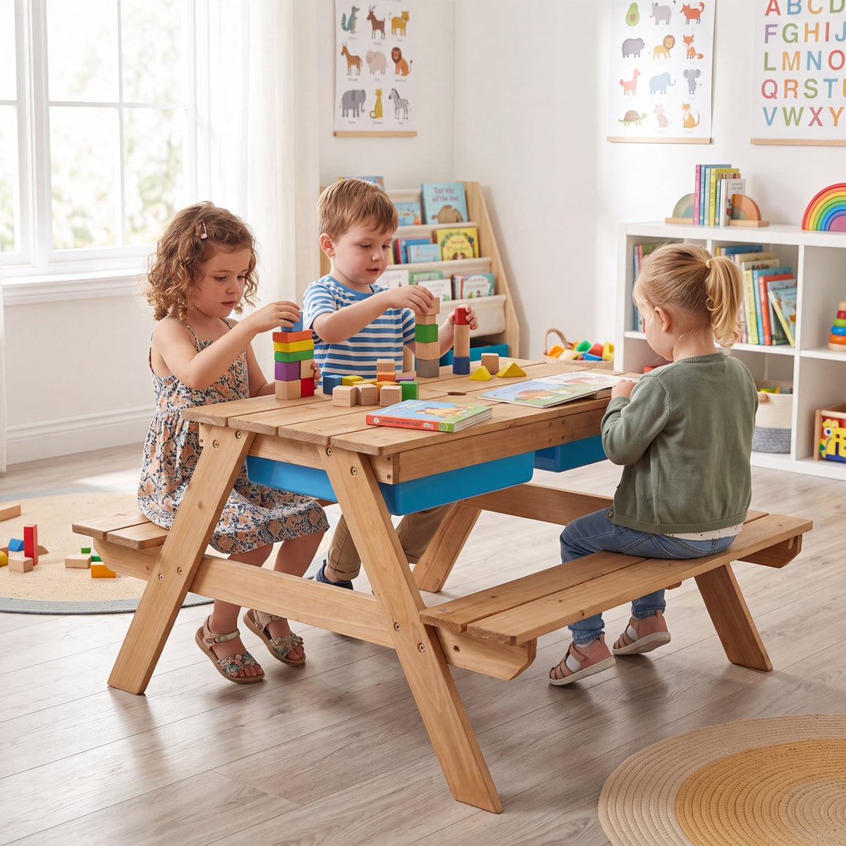 3-in-1 Kids Outdoor Picnic Water Sand Table with Removable Umbrella and Boxes-Green-Kids Tables & Chair Sets-DECOROLALA
