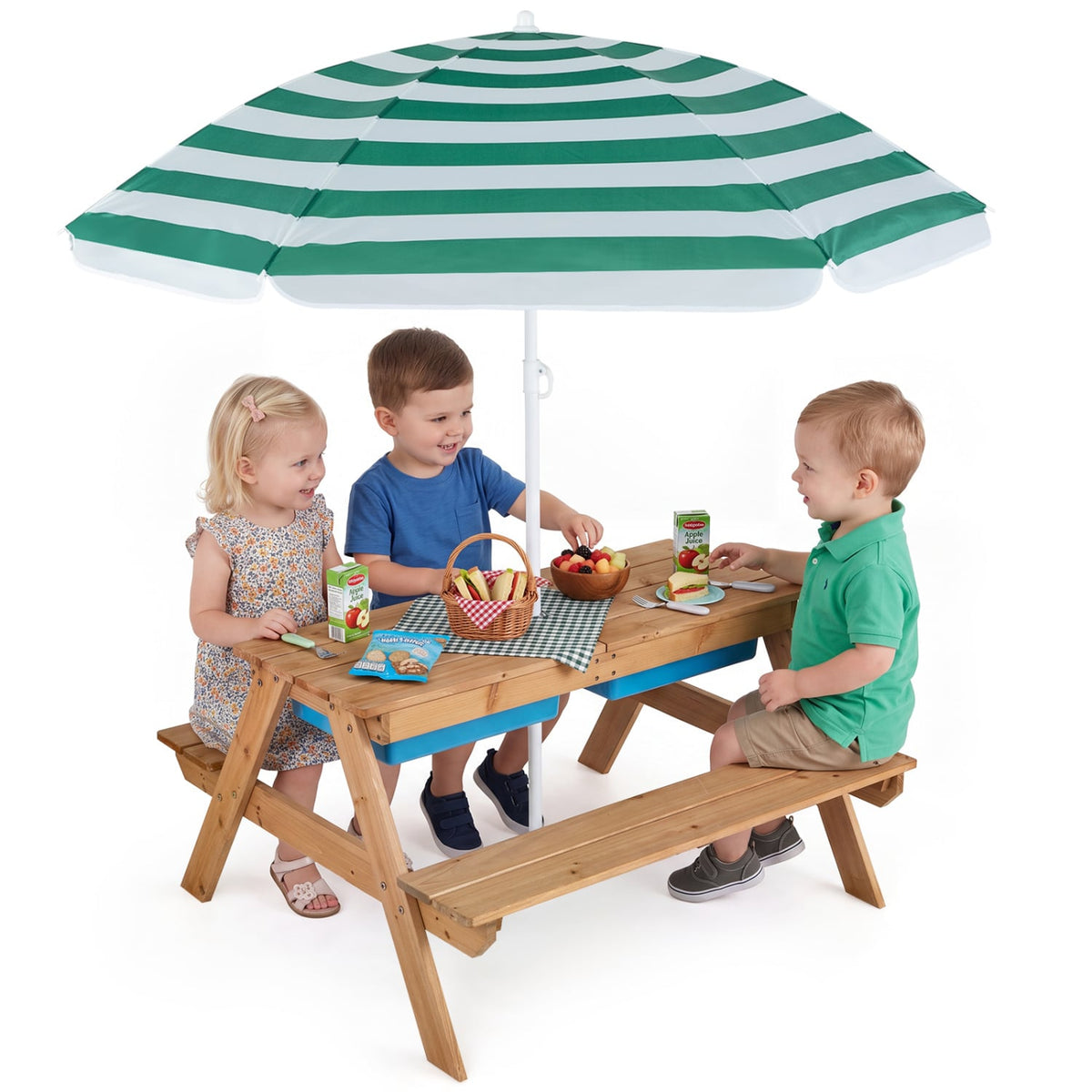 3-in-1 Kids Outdoor Picnic Water Sand Table with Removable Umbrella and Boxes-Green-Kids Tables & Chair Sets-DECOROLALA