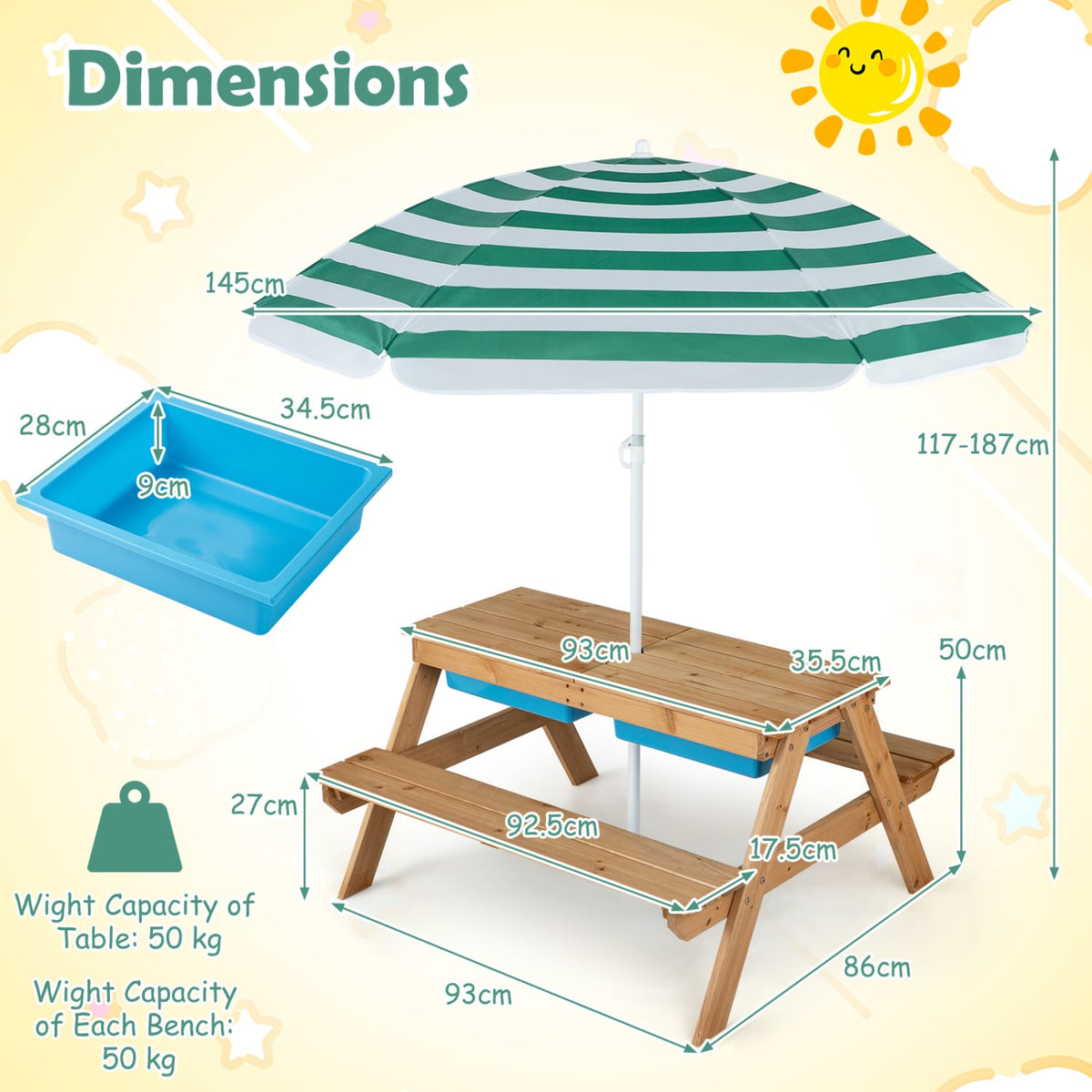 3-in-1 Kids Outdoor Picnic Water Sand Table with Removable Umbrella and Boxes-Green-Kids Tables & Chair Sets-DECOROLALA