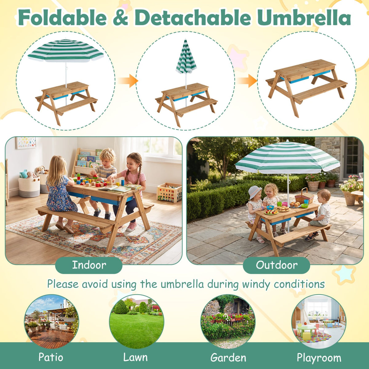 3-in-1 Kids Outdoor Picnic Water Sand Table with Removable Umbrella and Boxes-Green-Kids Tables & Chair Sets-DECOROLALA