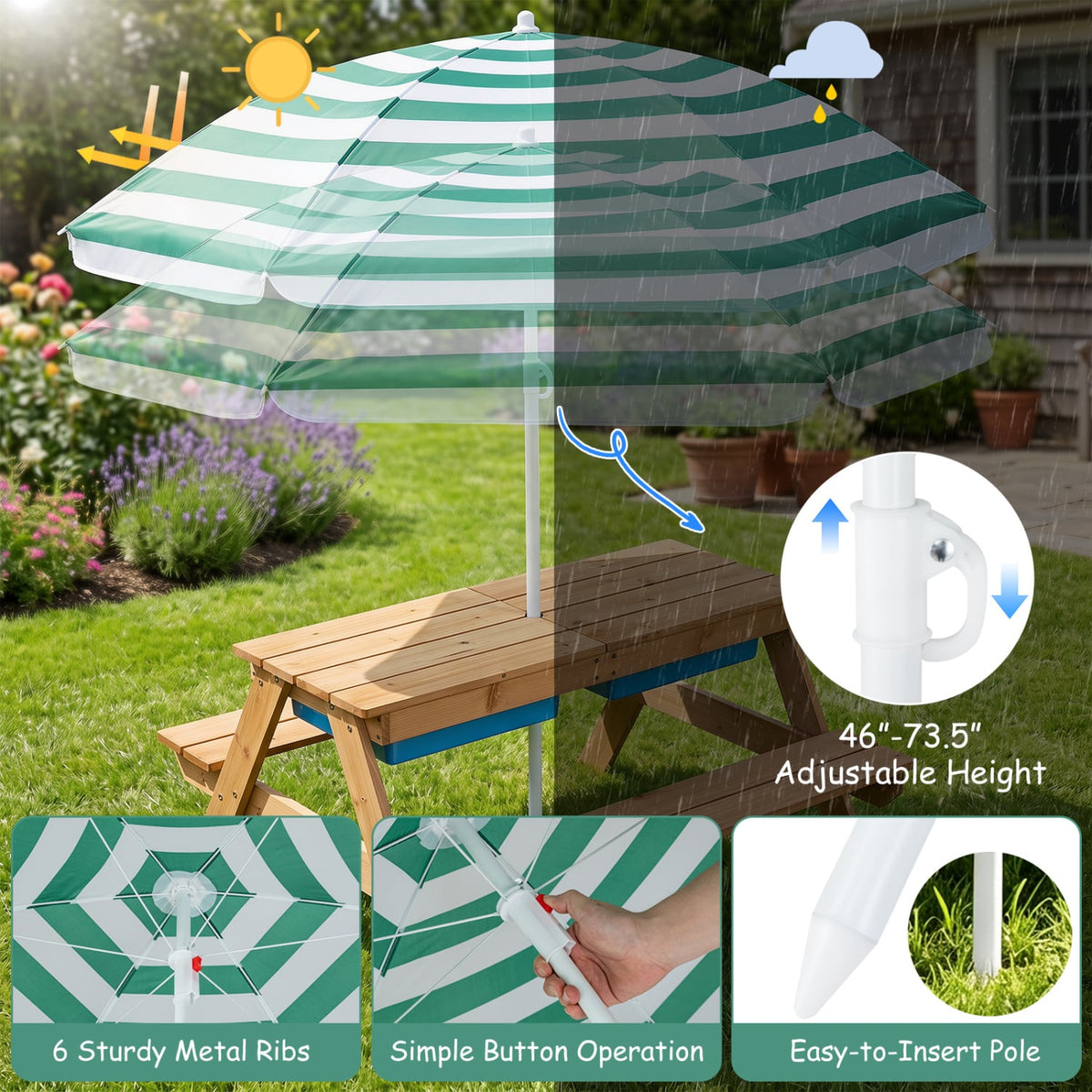 3-in-1 Kids Outdoor Picnic Water Sand Table with Removable Umbrella and Boxes-Green-Kids Tables & Chair Sets-DECOROLALA