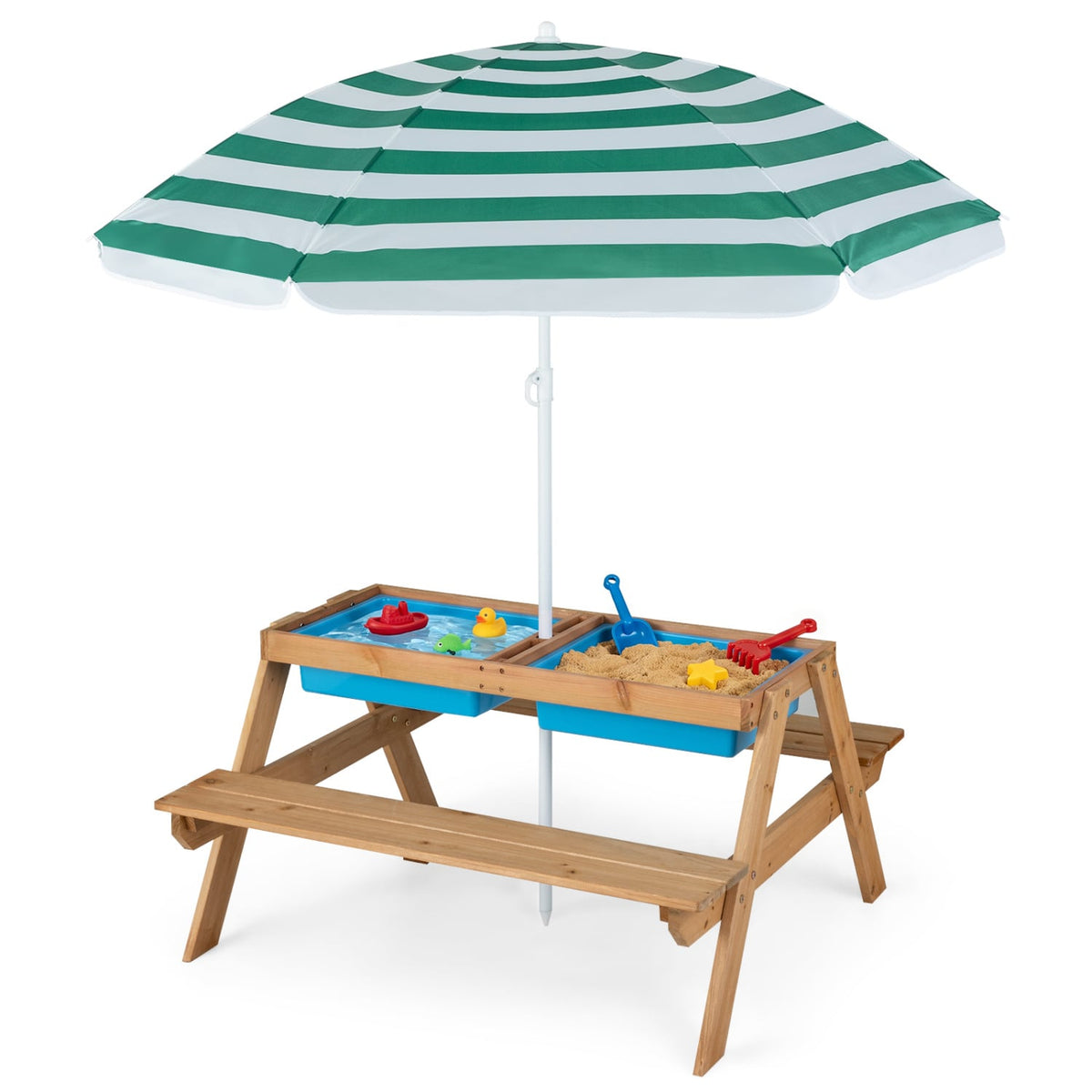 3-in-1 Kids Outdoor Picnic Water Sand Table with Removable Umbrella and Boxes-Green-Kids Tables & Chair Sets-DECOROLALA