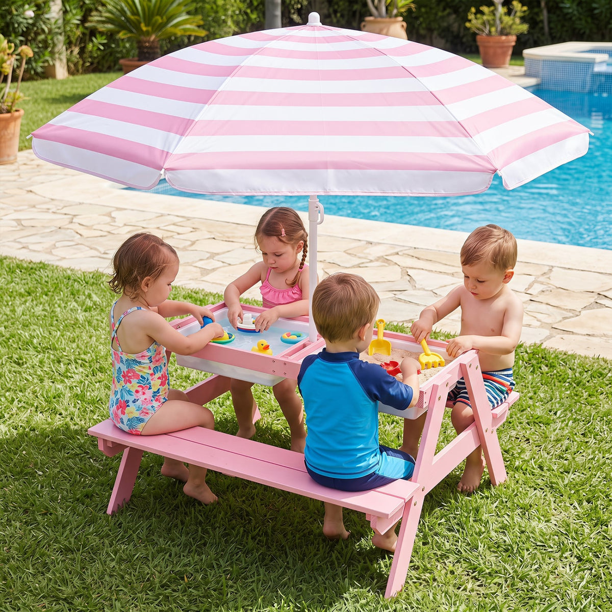 3-in-1 Kids Outdoor Picnic Water Sand Table with Removable Umbrella and Boxes-Pink-Kids Tables & Chair Sets-DECOROLALA