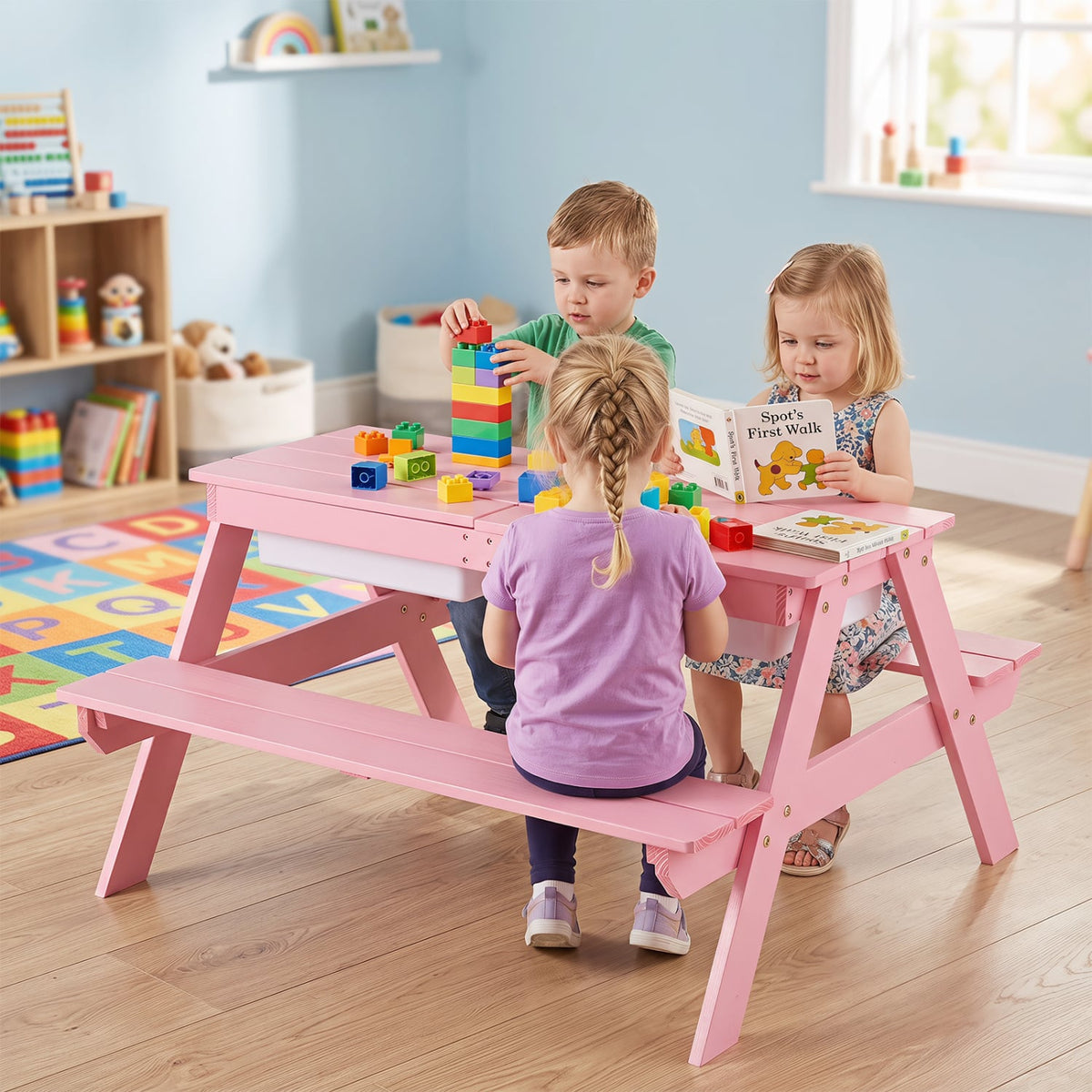 3-in-1 Kids Outdoor Picnic Water Sand Table with Removable Umbrella and Boxes-Pink-Kids Tables & Chair Sets-DECOROLALA
