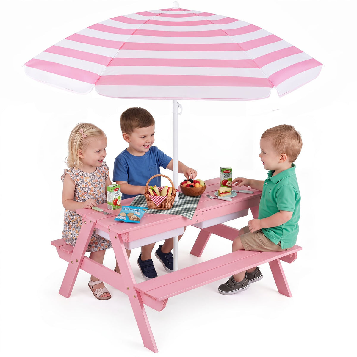 3-in-1 Kids Outdoor Picnic Water Sand Table with Removable Umbrella and Boxes-Pink-Kids Tables & Chair Sets-DECOROLALA