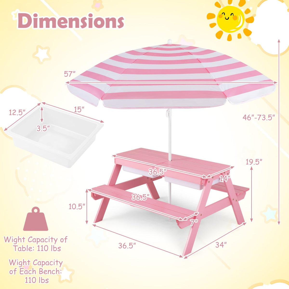 3-in-1 Kids Outdoor Picnic Water Sand Table with Removable Umbrella and Boxes-Pink-Kids Tables & Chair Sets-DECOROLALA