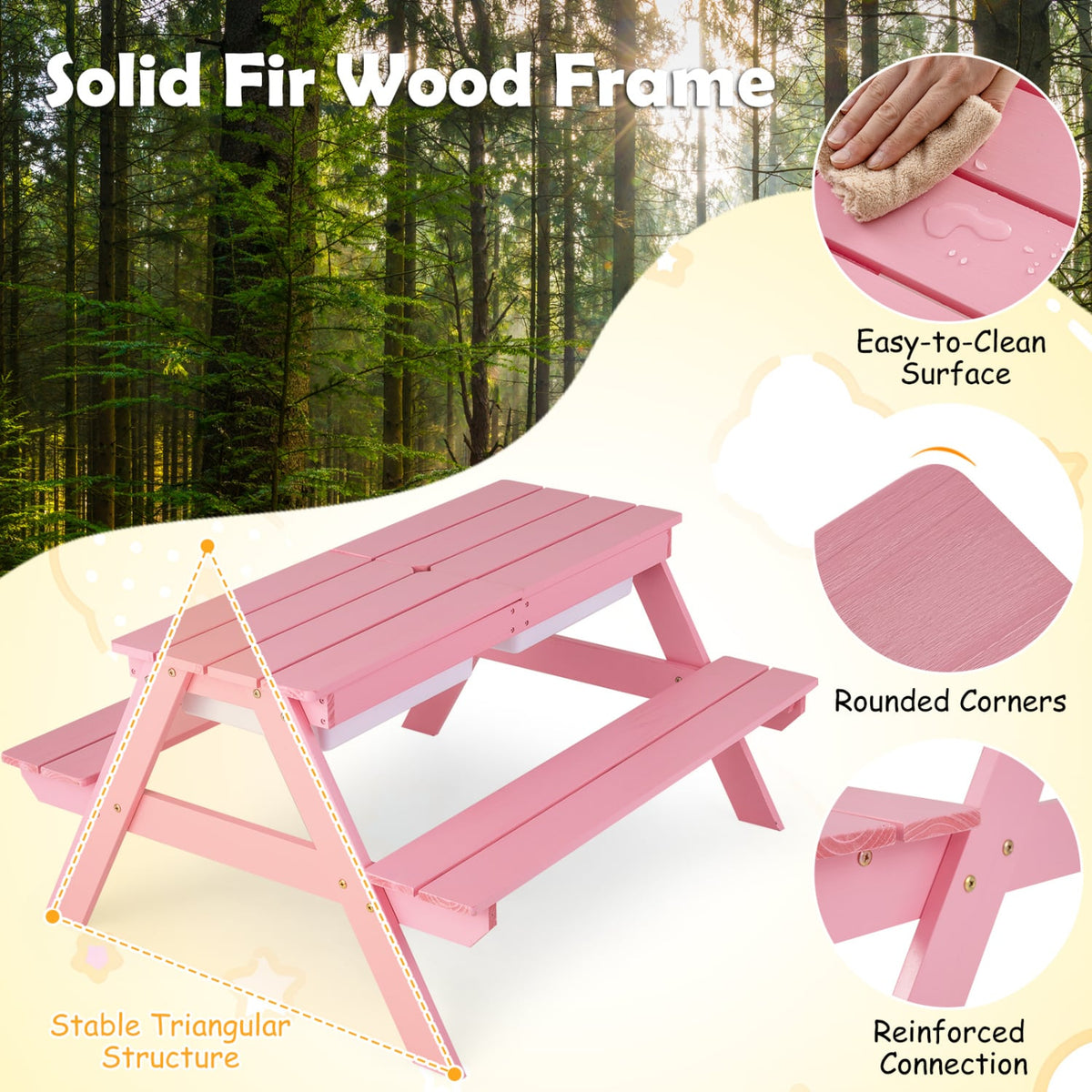 3-in-1 Kids Outdoor Picnic Water Sand Table with Removable Umbrella and Boxes-Pink-Kids Tables & Chair Sets-DECOROLALA