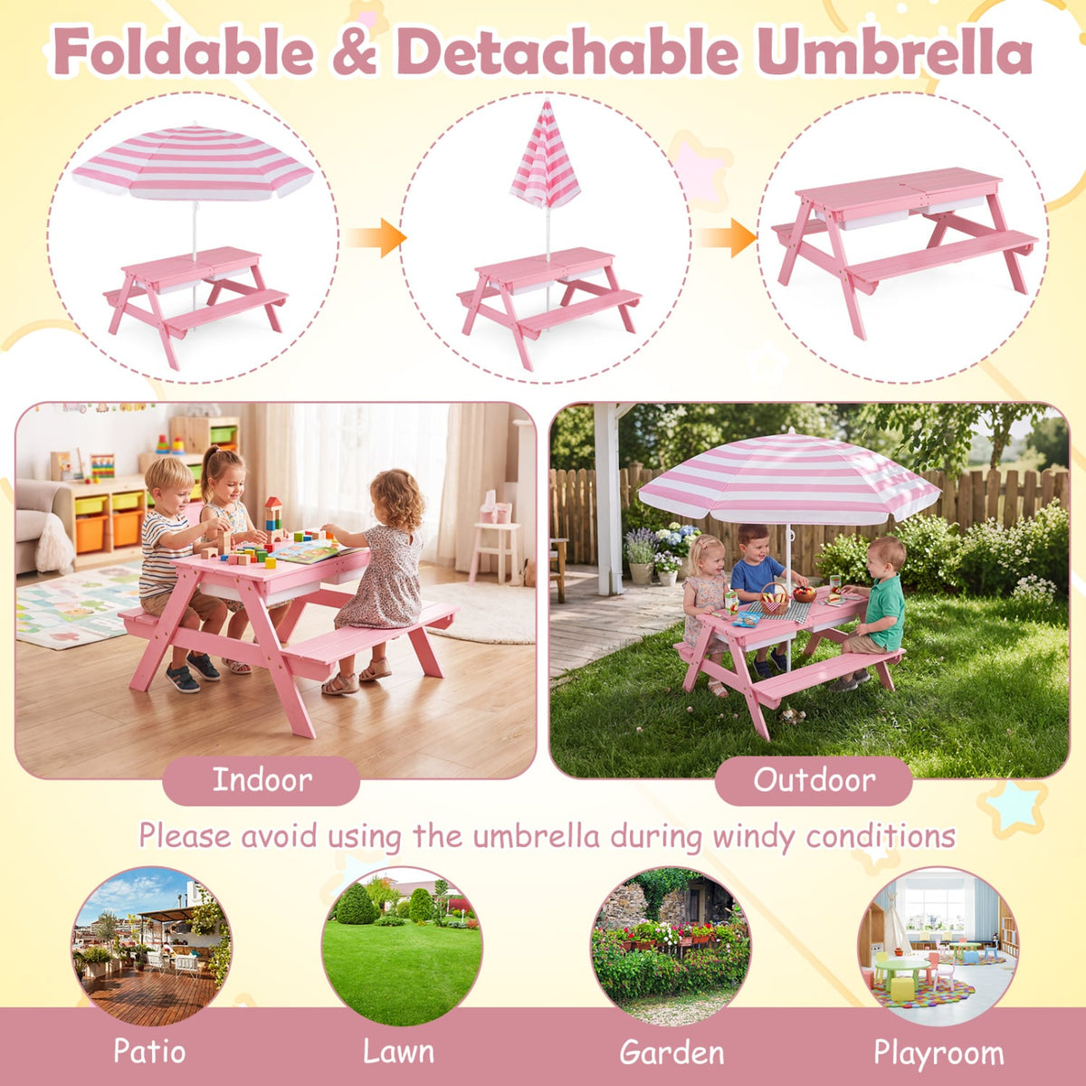 3-in-1 Kids Outdoor Picnic Water Sand Table with Removable Umbrella and Boxes-Pink-Kids Tables & Chair Sets-DECOROLALA