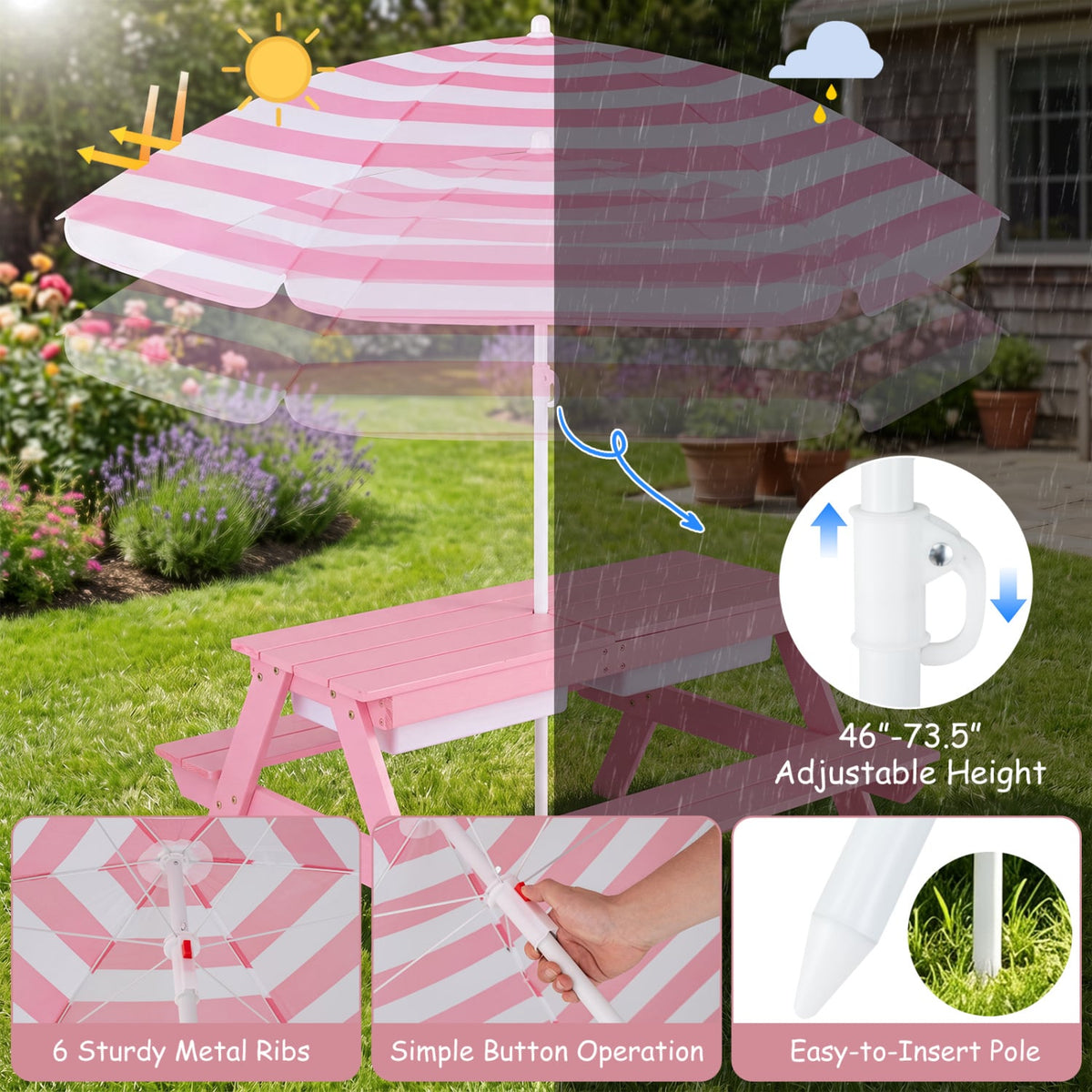 3-in-1 Kids Outdoor Picnic Water Sand Table with Removable Umbrella and Boxes-Pink-Kids Tables & Chair Sets-DECOROLALA