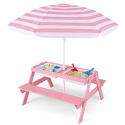 3-in-1 Kids Outdoor Picnic Water Sand Table with Removable Umbrella and Boxes-Pink-Kids Tables & Chair Sets-DECOROLALA