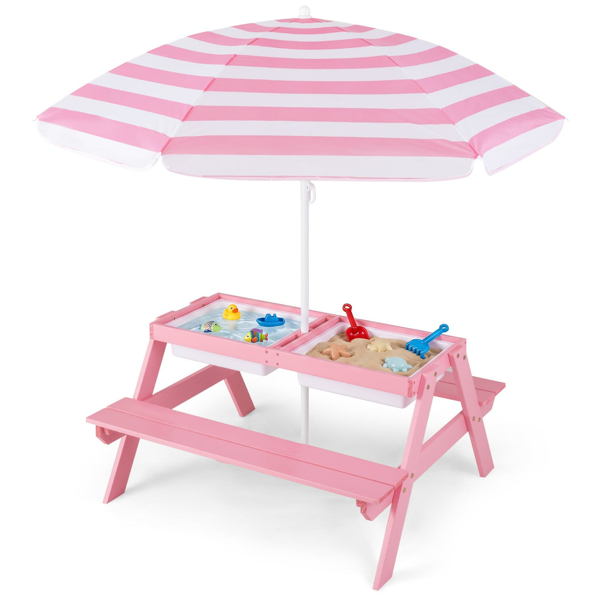 3-in-1 Kids Outdoor Picnic Water Sand Table with Removable Umbrella and Boxes-Pink-Kids Tables & Chair Sets-DECOROLALA