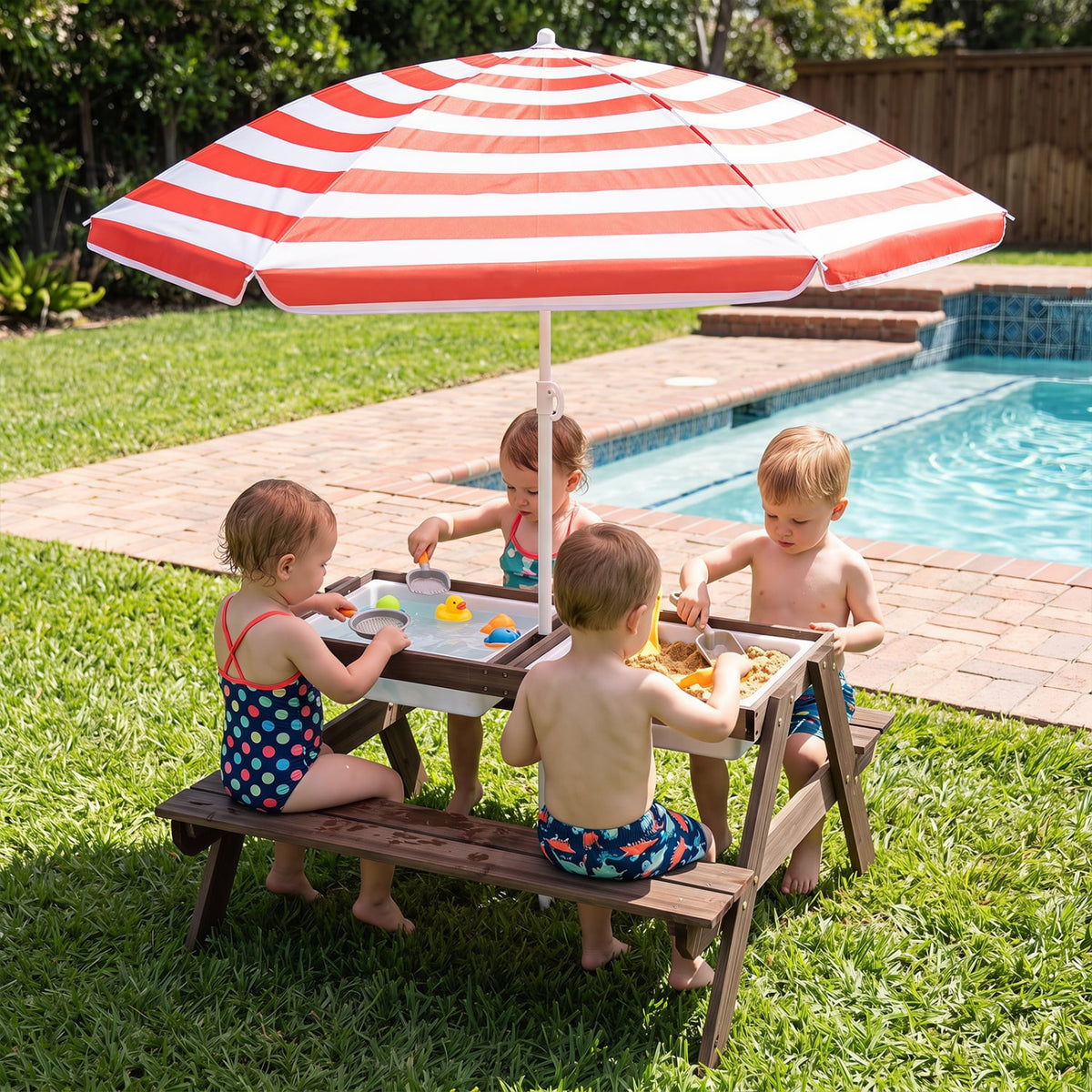 3-in-1 Kids Outdoor Picnic Water Sand Table with Removable Umbrella and Boxes-Red-Kids Tables & Chair Sets-DECOROLALA