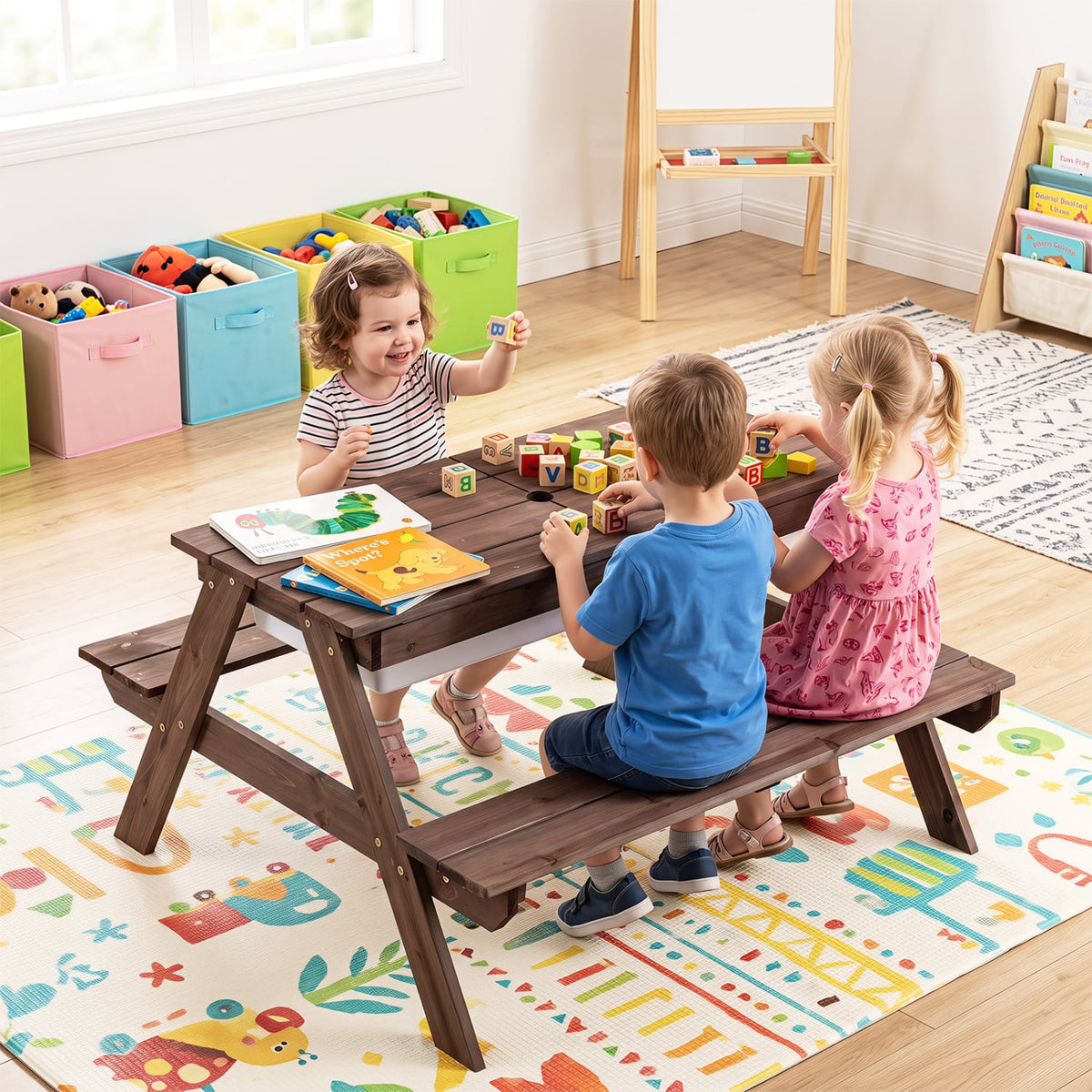 3-in-1 Kids Outdoor Picnic Water Sand Table with Removable Umbrella and Boxes-Red-Kids Tables & Chair Sets-DECOROLALA