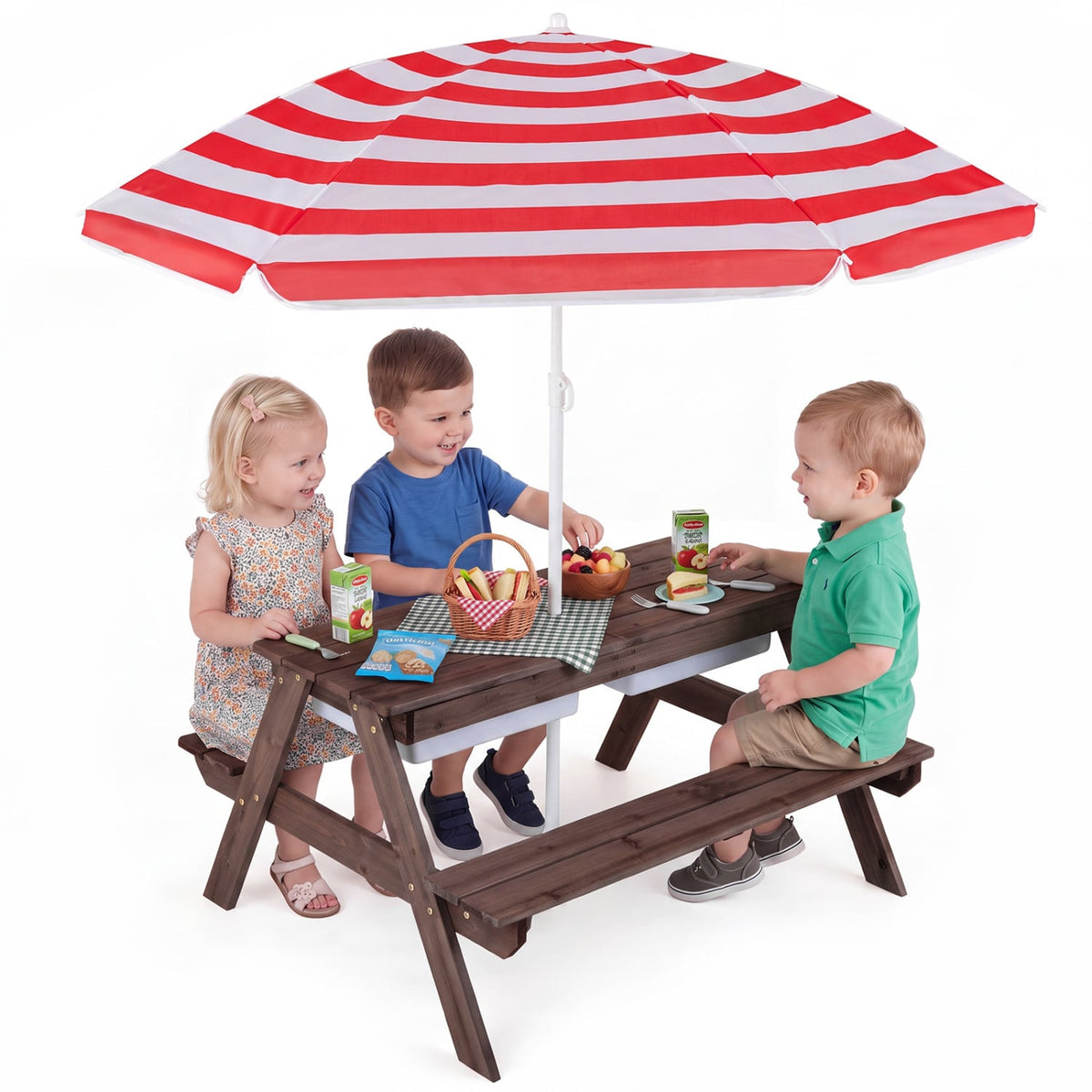 3-in-1 Kids Outdoor Picnic Water Sand Table with Removable Umbrella and Boxes-Red-Kids Tables & Chair Sets-DECOROLALA