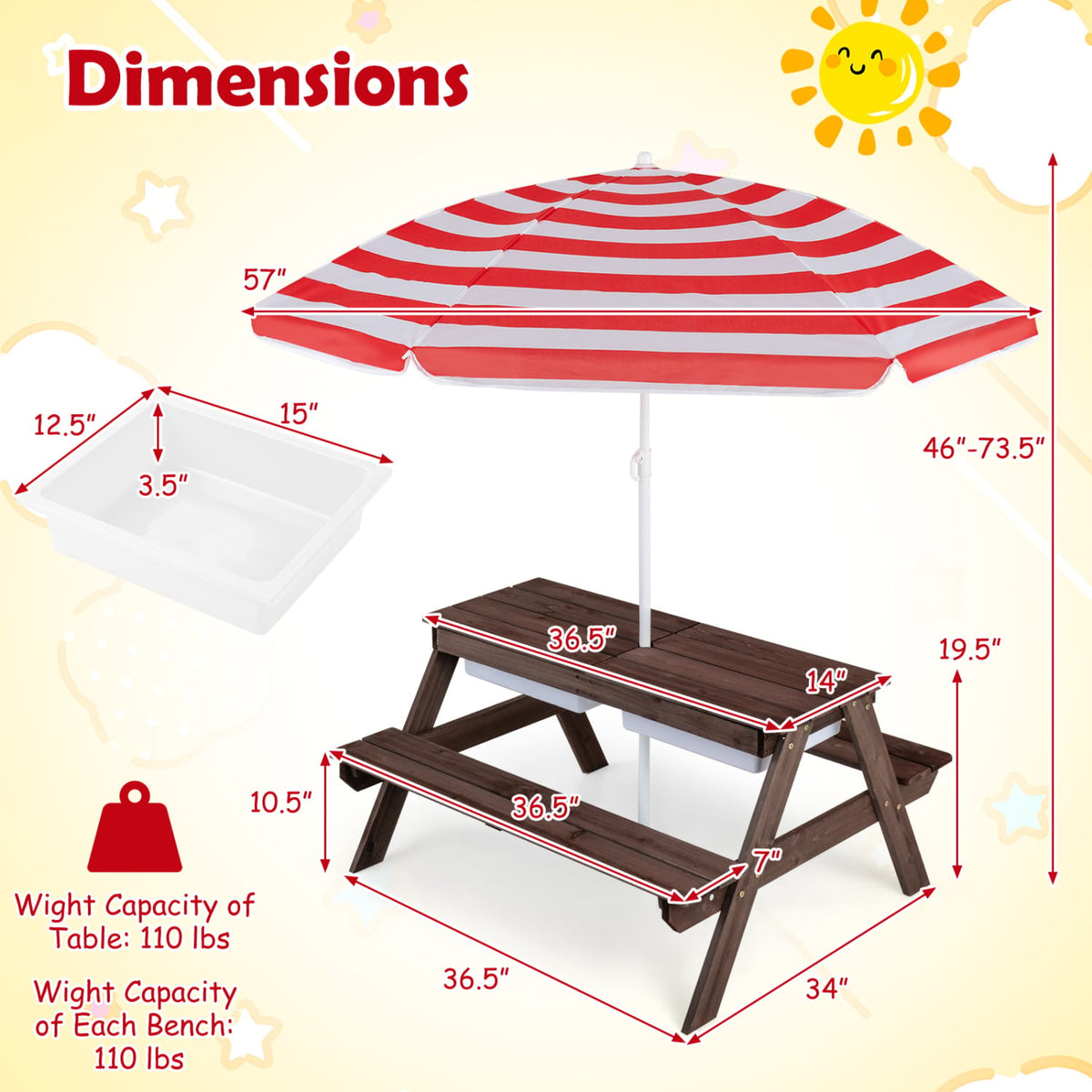 3-in-1 Kids Outdoor Picnic Water Sand Table with Removable Umbrella and Boxes-Red-Kids Tables & Chair Sets-DECOROLALA