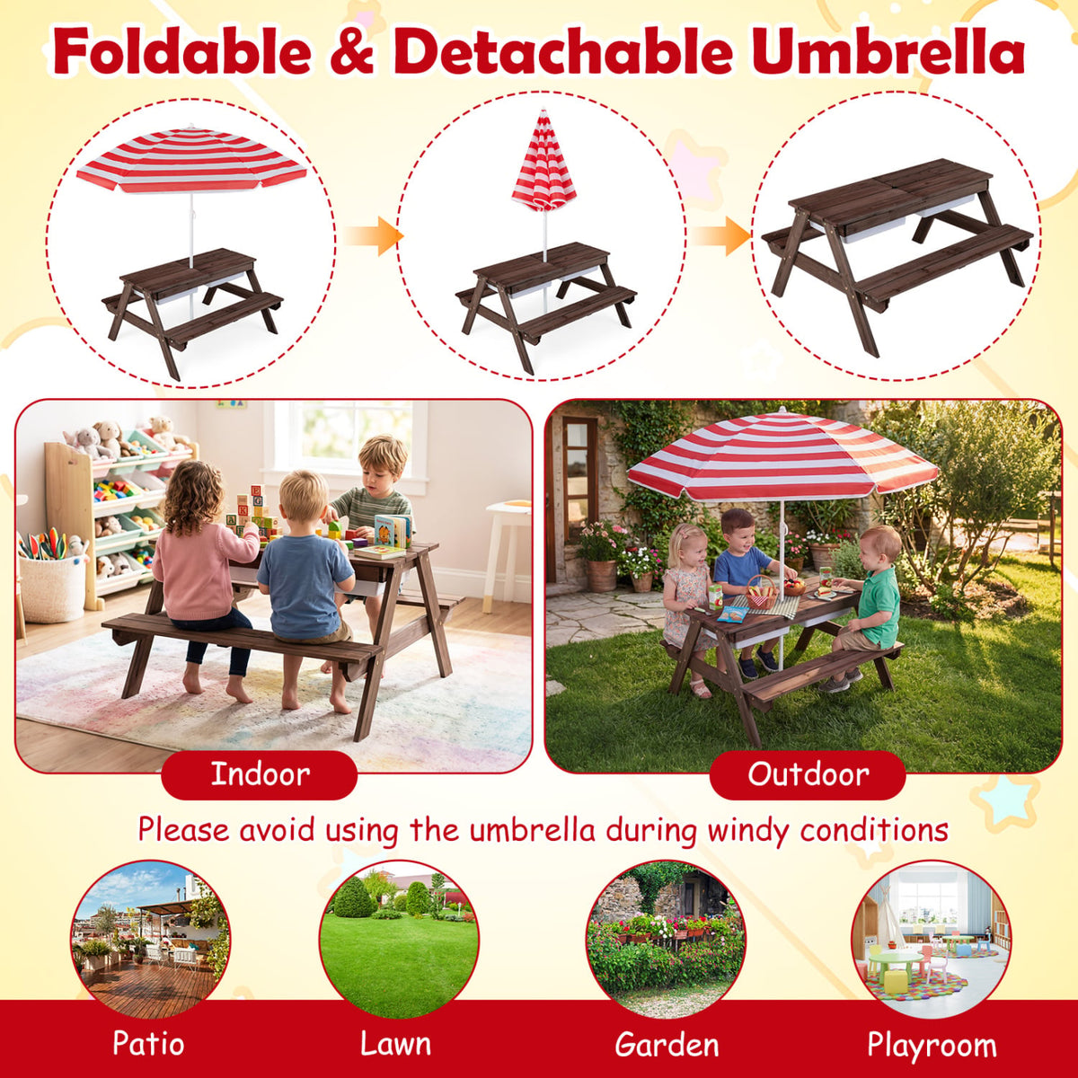 3-in-1 Kids Outdoor Picnic Water Sand Table with Removable Umbrella and Boxes-Red-Kids Tables & Chair Sets-DECOROLALA