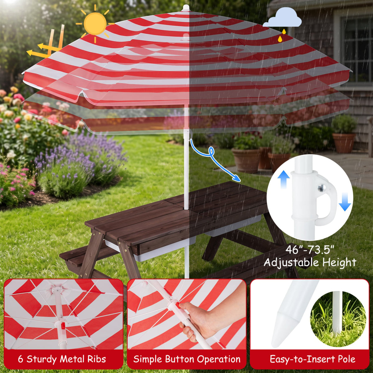 3-in-1 Kids Outdoor Picnic Water Sand Table with Removable Umbrella and Boxes-Red-Kids Tables & Chair Sets-DECOROLALA