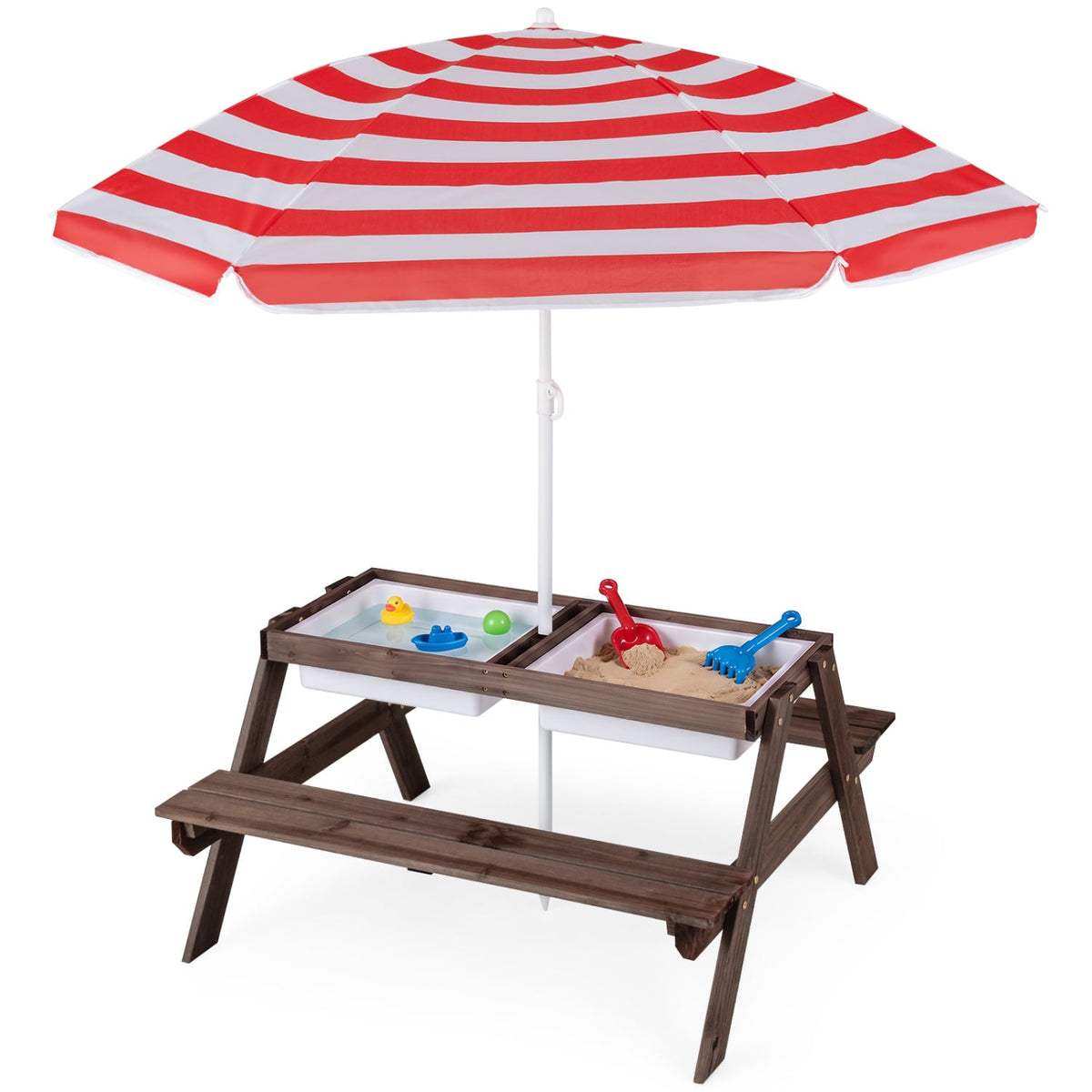 3-in-1 Kids Outdoor Picnic Water Sand Table with Removable Umbrella and Boxes-Red-Kids Tables & Chair Sets-DECOROLALA