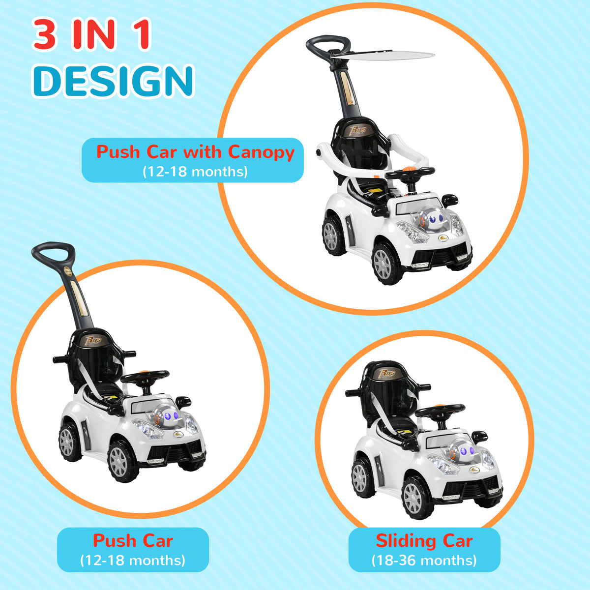 3 in 1 Kids Push Car Toddler Sliding Car, Foot to Floor Design with Music, Light, Handle, Removable Canopy-Toys & Games > Baby & Toddler Toys > Riding & Rocking Toys > Push Cars for Toddlers-DECOROLALA