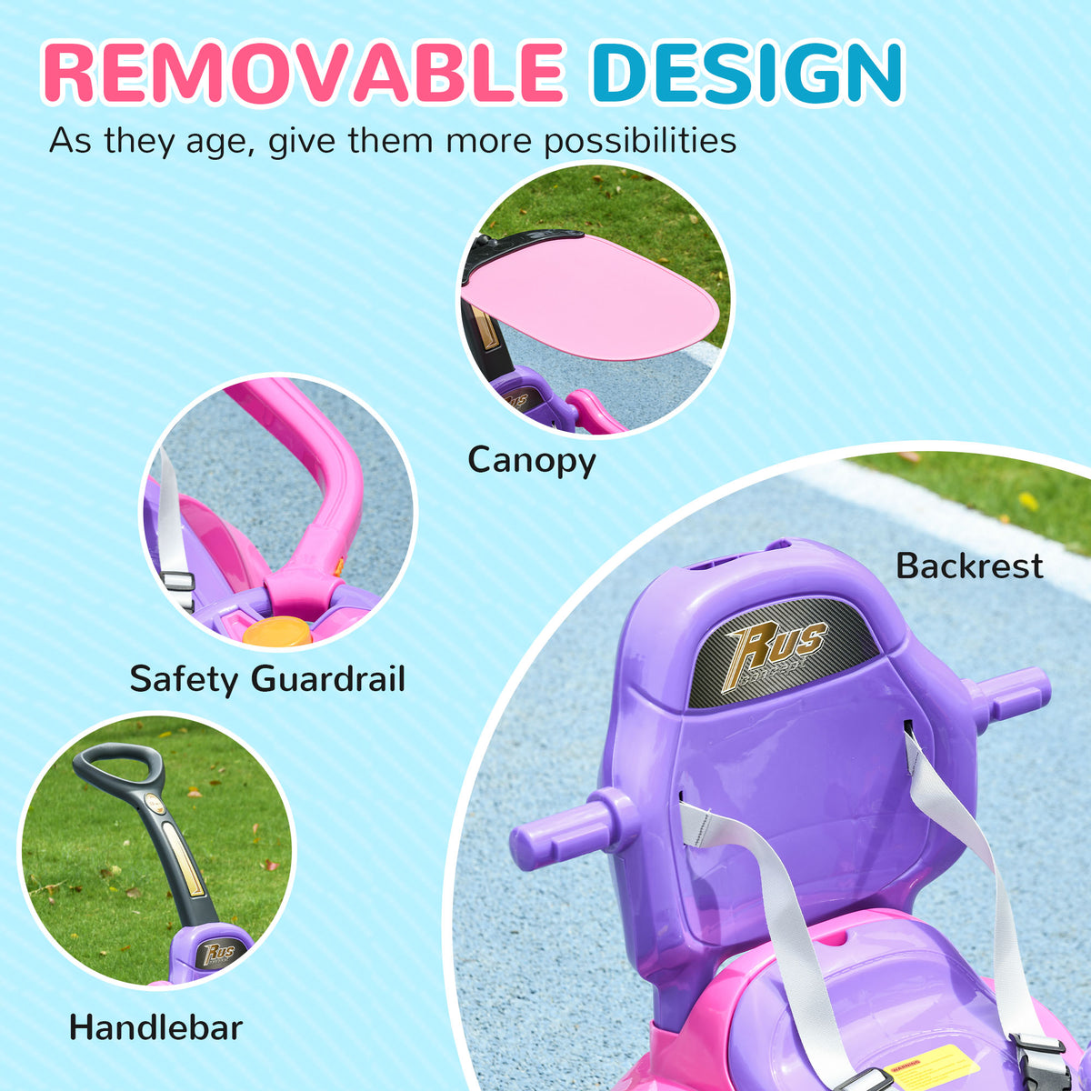3 in 1 Kids Push Car Toddler Sliding Car, Foot to Floor Design with Music, Light, Handle, Removable Canopy-Toys & Games > Baby & Toddler Toys > Riding & Rocking Toys > Push Cars for Toddlers-DECOROLALA
