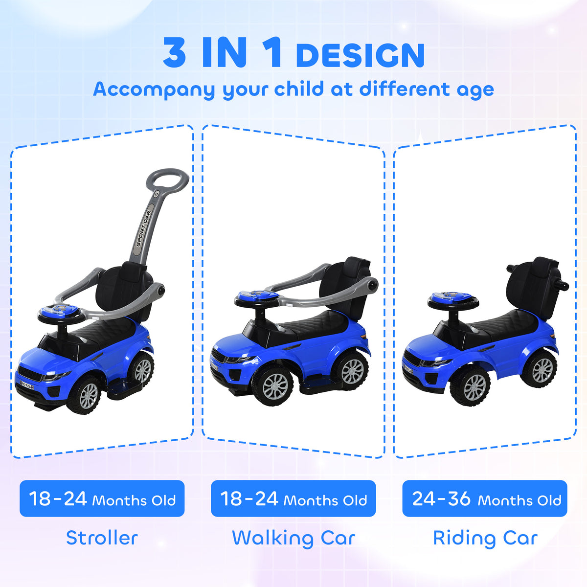3 in 1 Kid Ride on Push Car, Toddlers Sliding Walking Car, with Horn, Under Seat Storage, for 18-36 Months-Toys & Games > Baby & Toddler Toys > Riding & Rocking Toys > Push Cars for Toddlers-DECOROLALA