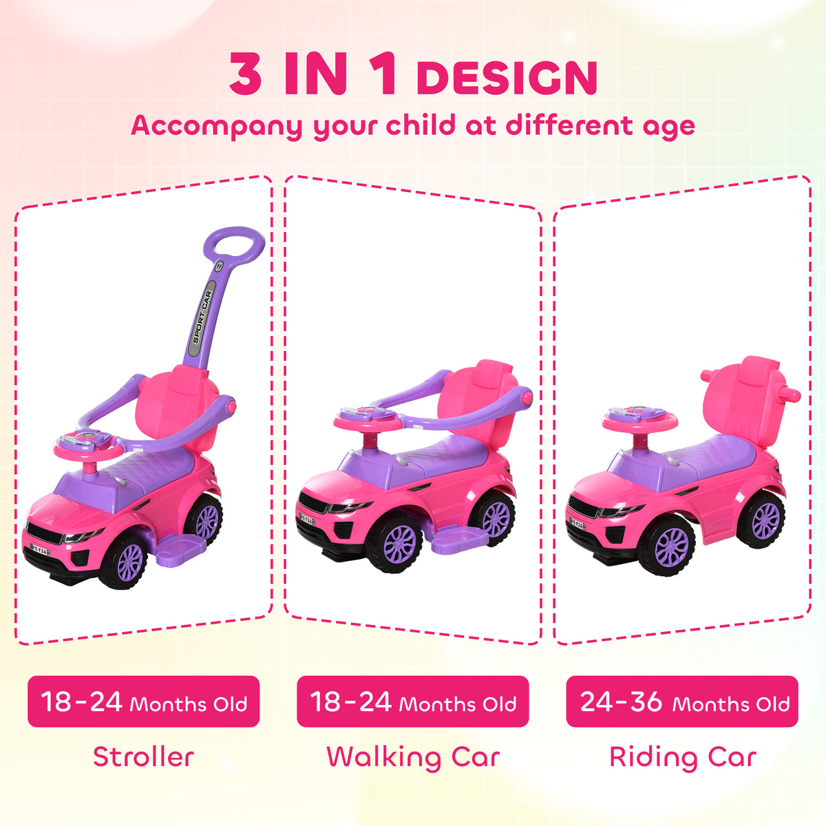 3 in 1 Kid Ride on Push Car, Toddlers Sliding Walking Car, with Horn, Under Seat Storage, for 18-36 Months-Toys & Games > Baby & Toddler Toys > Riding & Rocking Toys > Push Cars for Toddlers-DECOROLALA