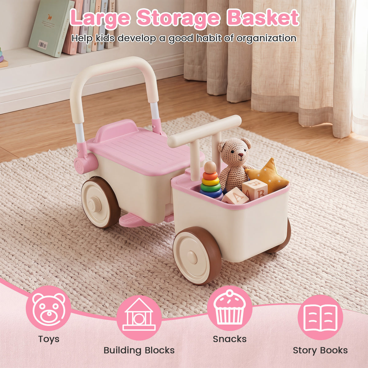 3-in-1 Kids Ride On Push Car with Rope and Storage Basket