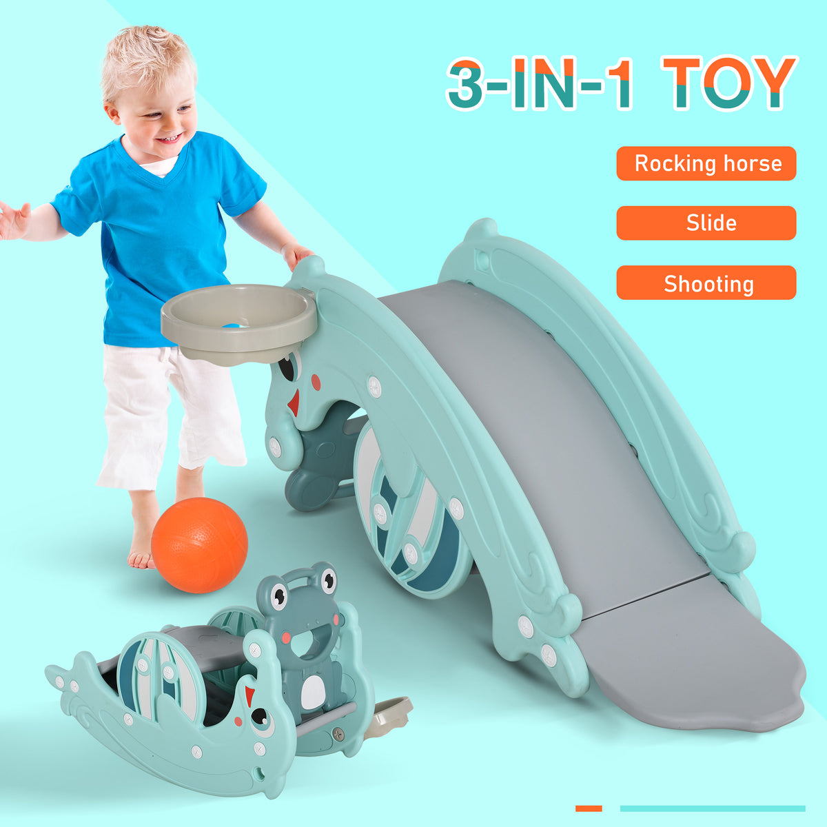 3-in-1 Kids Slide And Rocking Horse Dual-Use Children Activity Equipment Portable Slide Indoor Outdoor Playground Toy W/ Basketball Hoop Toddler Birthday Gift, Age 1.5-3, Green-Toys & Games > Baby & Toddler Toys > Riding & Rocking Toys > Rocking Horses-DECOROLALA