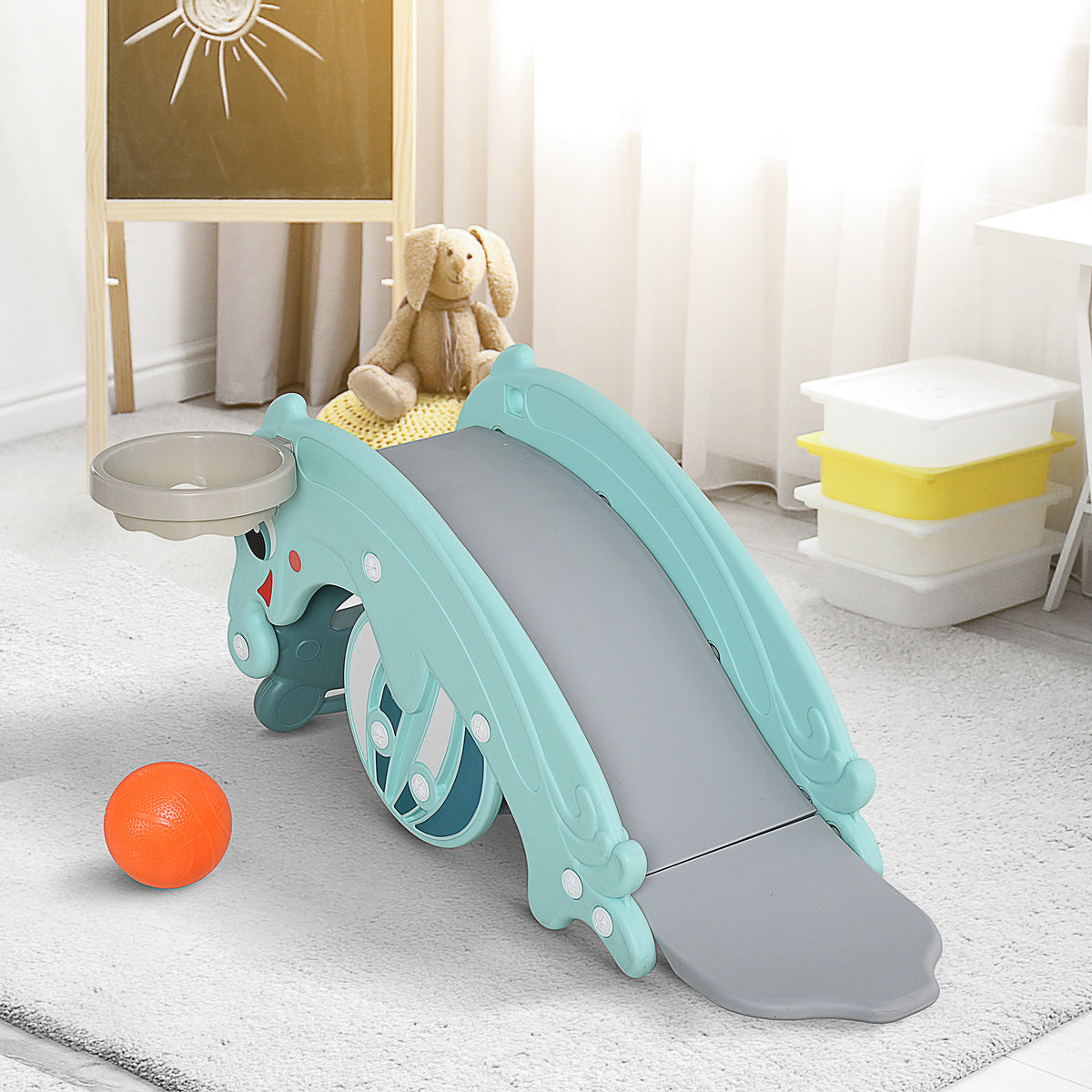 3-in-1 Kids Slide And Rocking Horse Dual-Use Children Activity Equipment Portable Slide Indoor Outdoor Playground Toy W/ Basketball Hoop Toddler Birthday Gift, Age 1.5-3, Green-Toys & Games > Baby & Toddler Toys > Riding & Rocking Toys > Rocking Horses-DECOROLALA