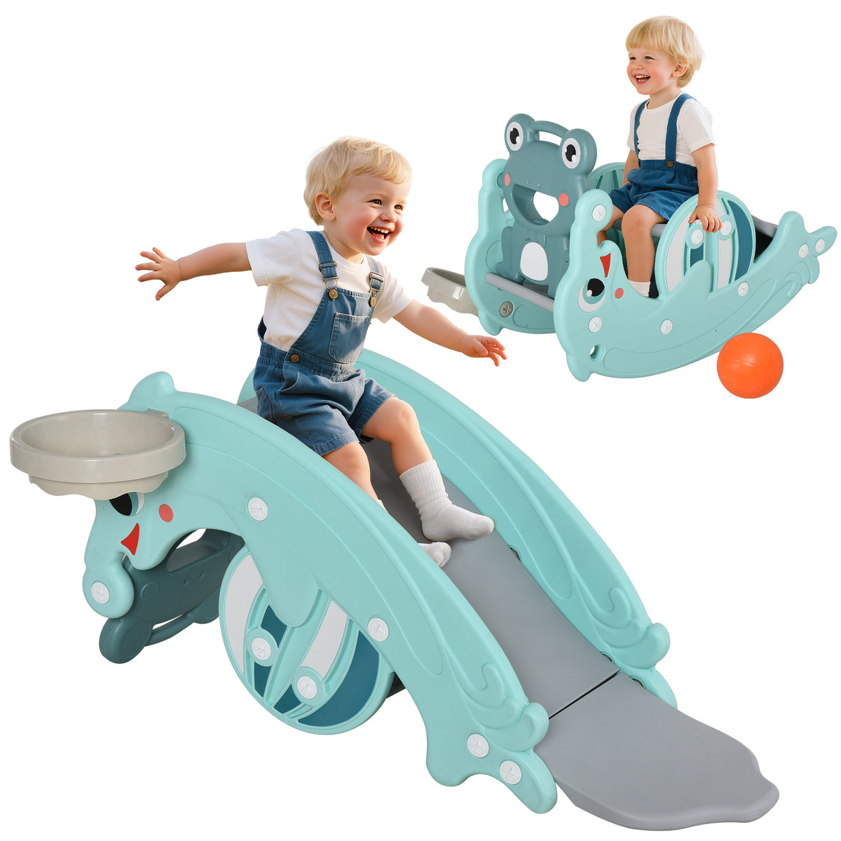 3-in-1 Kids Slide And Rocking Horse Dual-Use Children Activity Equipment Portable Slide Indoor Outdoor Playground Toy W/ Basketball Hoop Toddler Birthday Gift, Age 1.5-3, Green-Toys & Games > Baby & Toddler Toys > Riding & Rocking Toys > Rocking Horses-DECOROLALA
