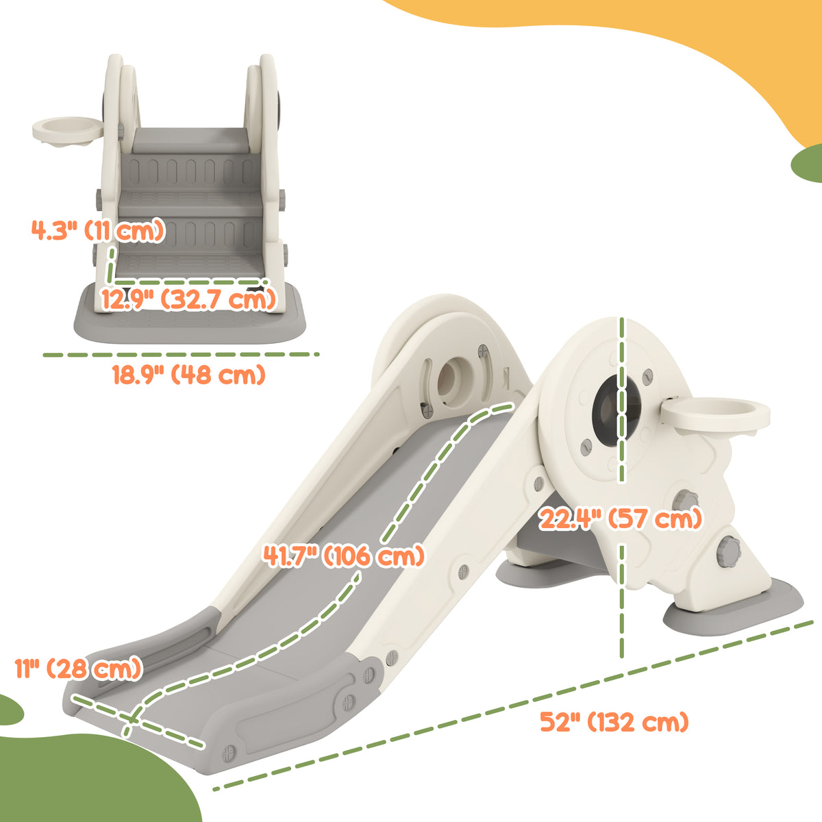 3 in 1 Toddler Slide, Foldable Kids Slide with Basketball Hoop, Climber, Anti-Slide Step for Ages 2-5, Cream White-Toys & Games > Kids Outdoor Play > Gym Sets & Swings-DECOROLALA