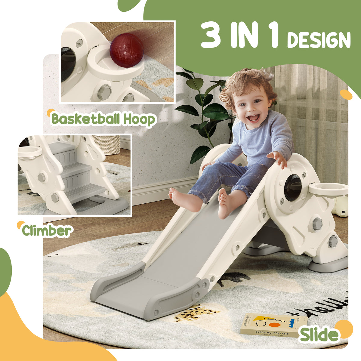 3 in 1 Toddler Slide, Foldable Kids Slide with Basketball Hoop, Climber, Anti-Slide Step for Ages 2-5, Cream White-Toys & Games > Kids Outdoor Play > Gym Sets & Swings-DECOROLALA