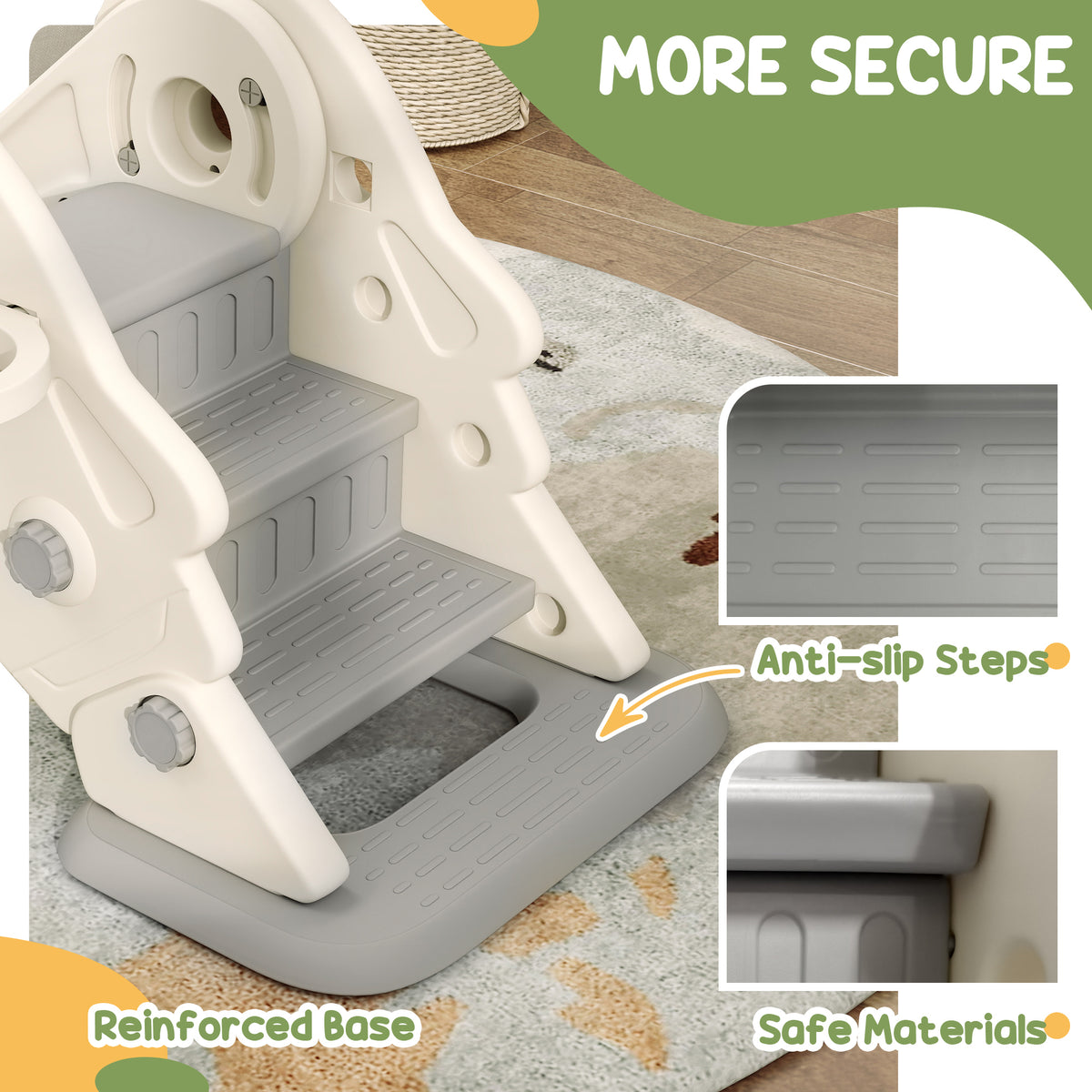 3 in 1 Toddler Slide, Foldable Kids Slide with Basketball Hoop, Climber, Anti-Slide Step for Ages 2-5, Cream White-Toys & Games > Kids Outdoor Play > Gym Sets & Swings-DECOROLALA