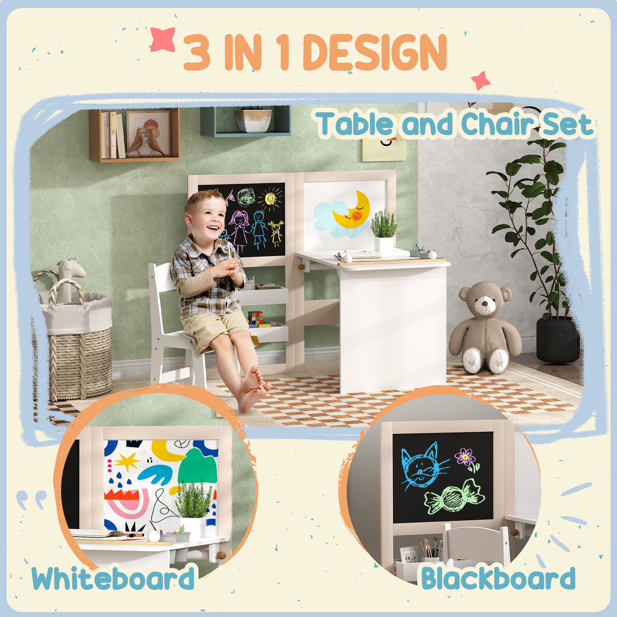 3-in-1 Kids Table and Chair Set with Easel and Storage - White-Toys & Games > Toddler & Kids Furniture > Kids Table Sets-DECOROLALA