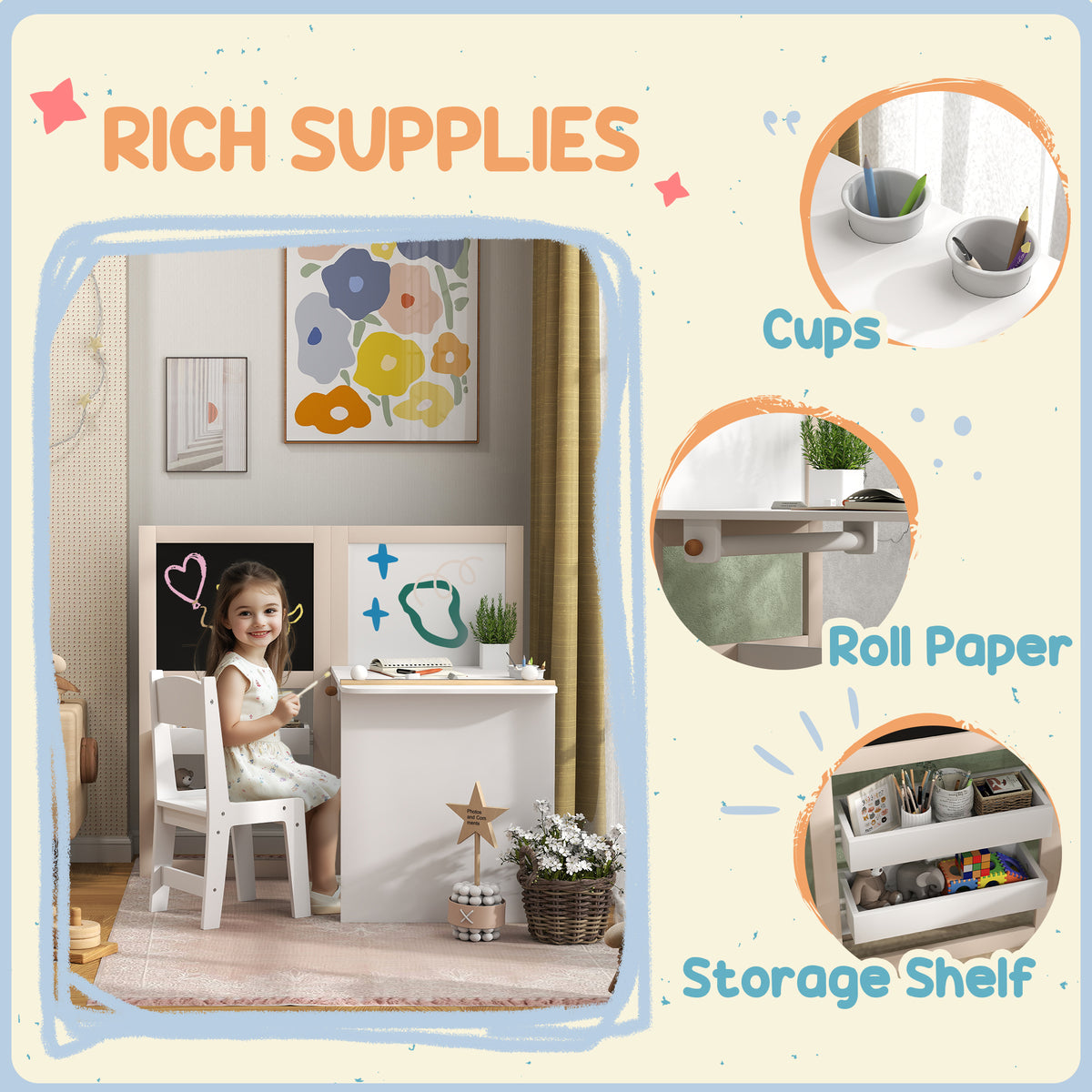 3-in-1 Kids Table and Chair Set with Easel and Storage - White-Toys & Games > Toddler & Kids Furniture > Kids Table Sets-DECOROLALA