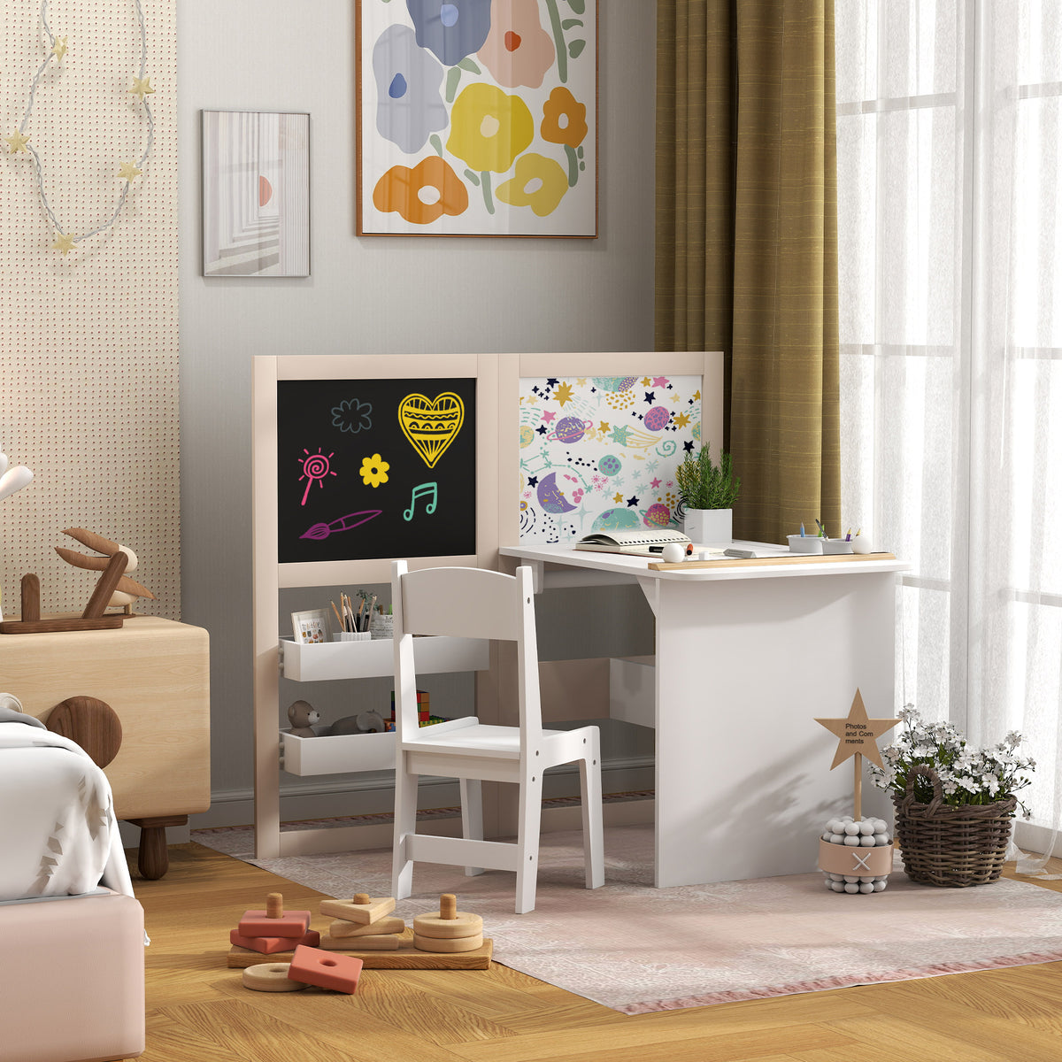 3-in-1 Kids Table and Chair Set with Easel and Storage - White-Toys & Games > Toddler & Kids Furniture > Kids Table Sets-DECOROLALA
