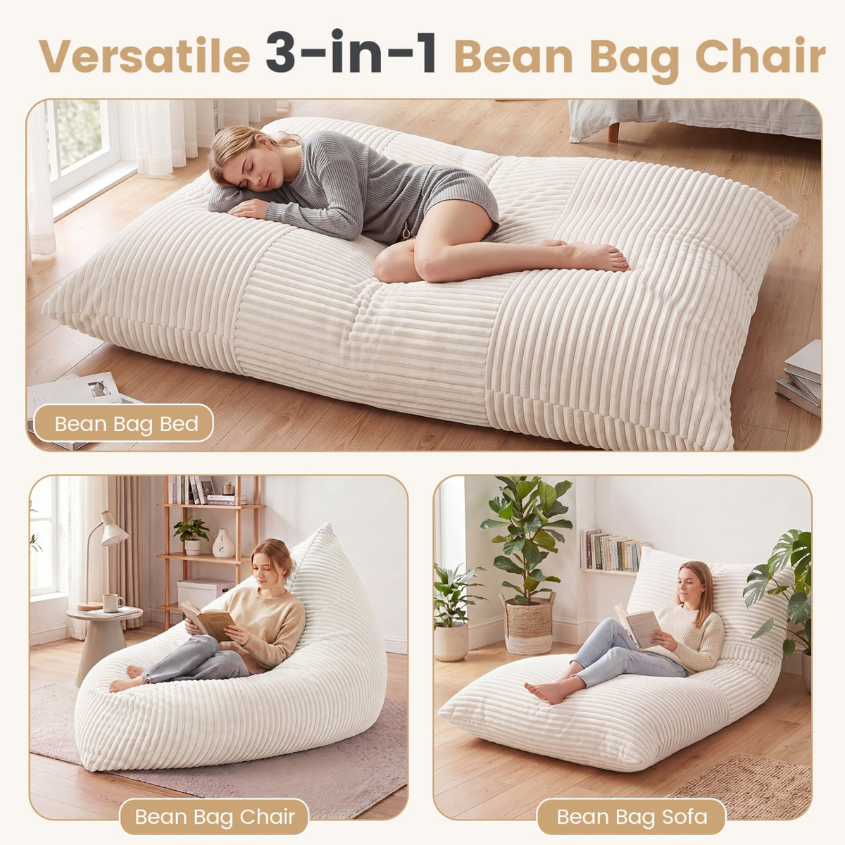 3-in-1 Large Bean Bag Chair with Comfy Corduroy Fabric-Beige-Floor Chairs-DECOROLALA